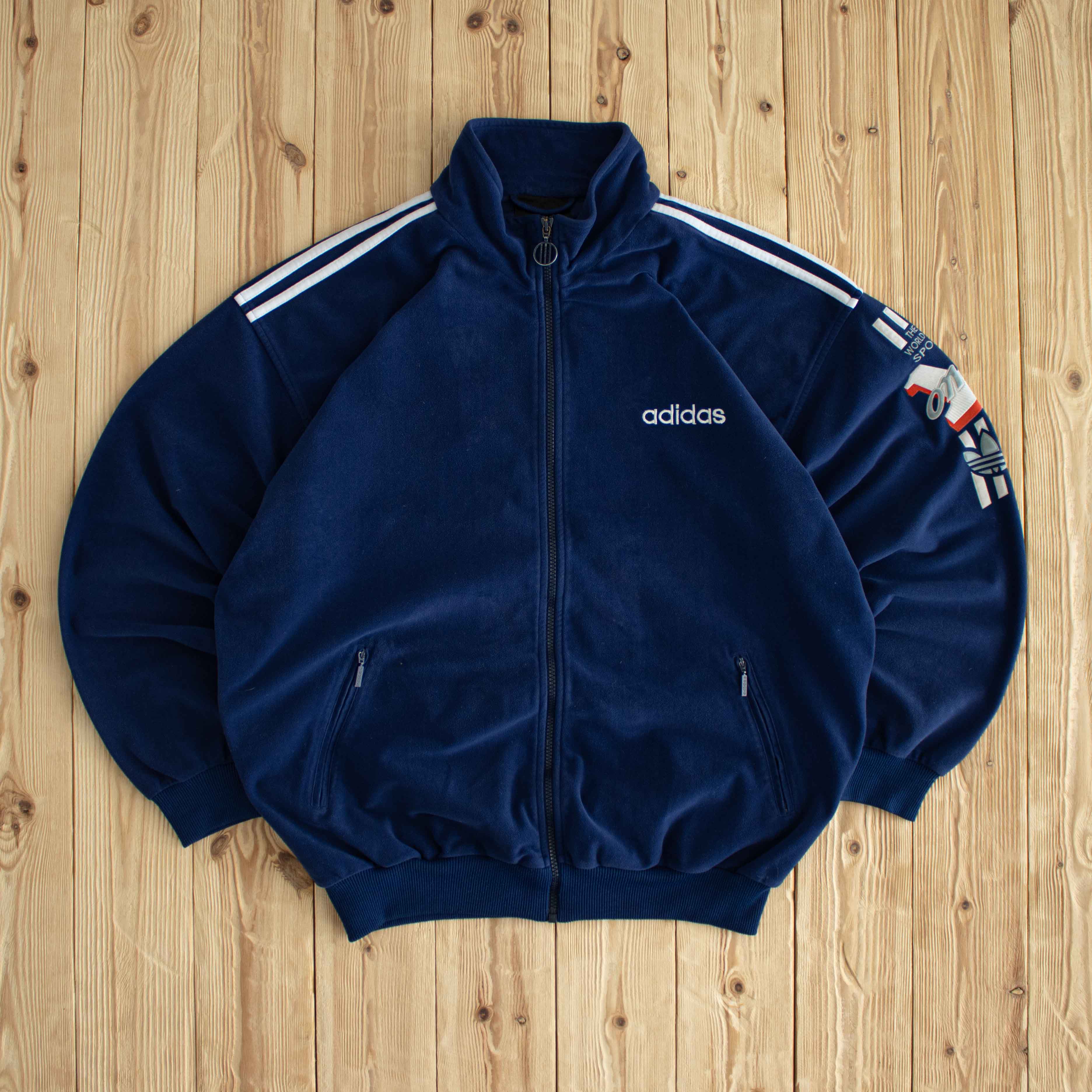 (L) Adidas One World Vintage Embroidered Full-Zip Sweatshirt Blue