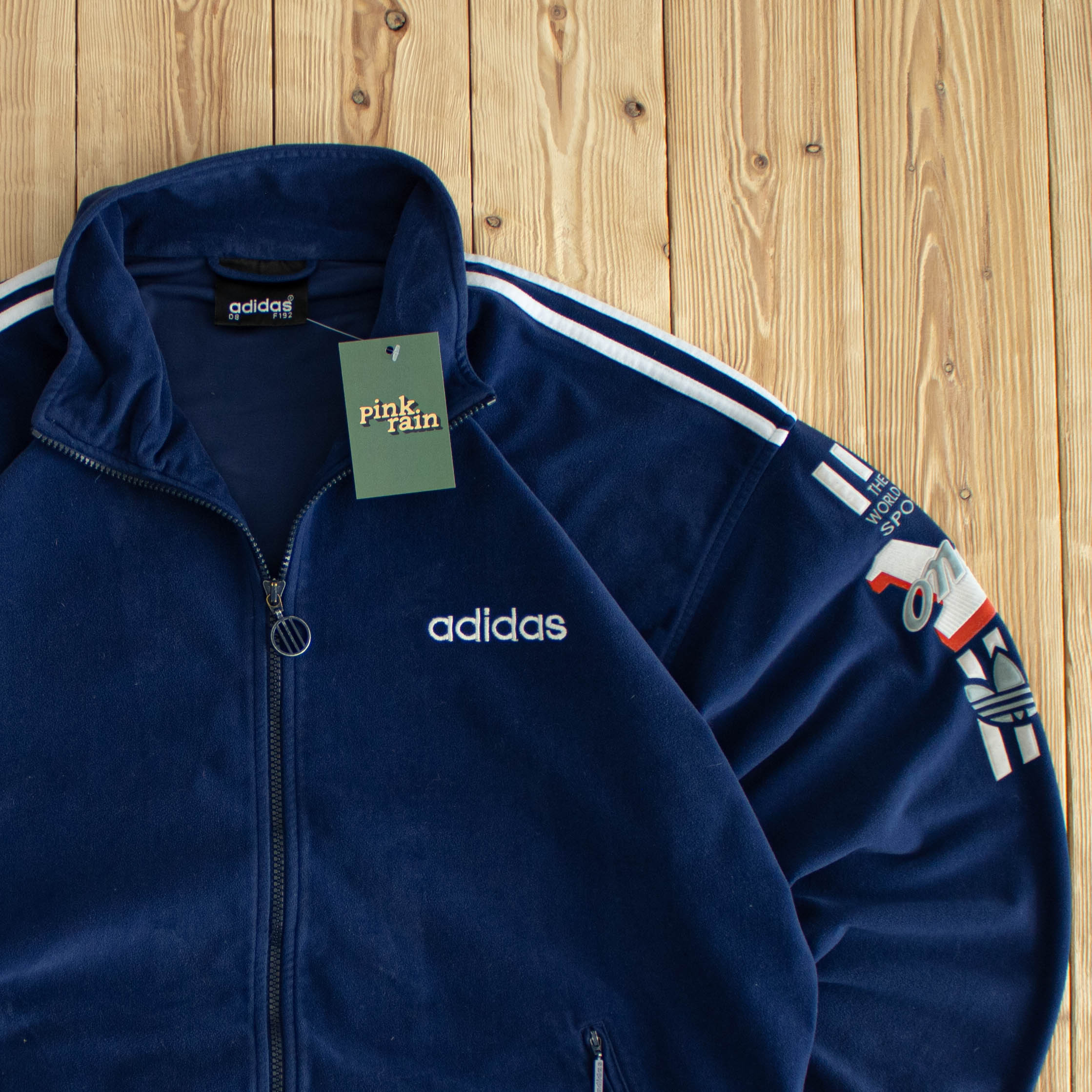 (L) Adidas One World Vintage Embroidered Full-Zip Sweatshirt Blue