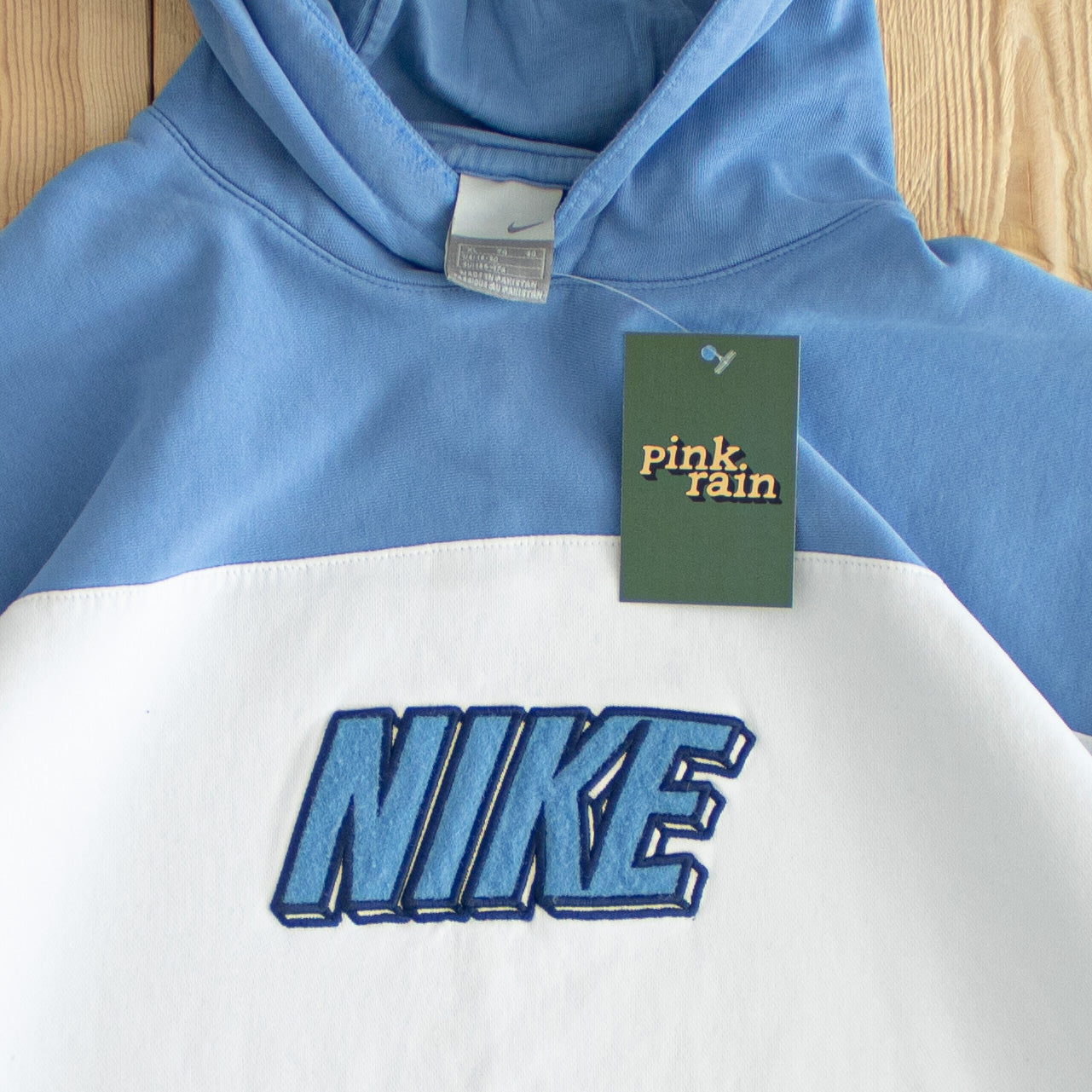 (M) Nike Spell Out Fluffy Vintage Embroidered Hoodie Blue