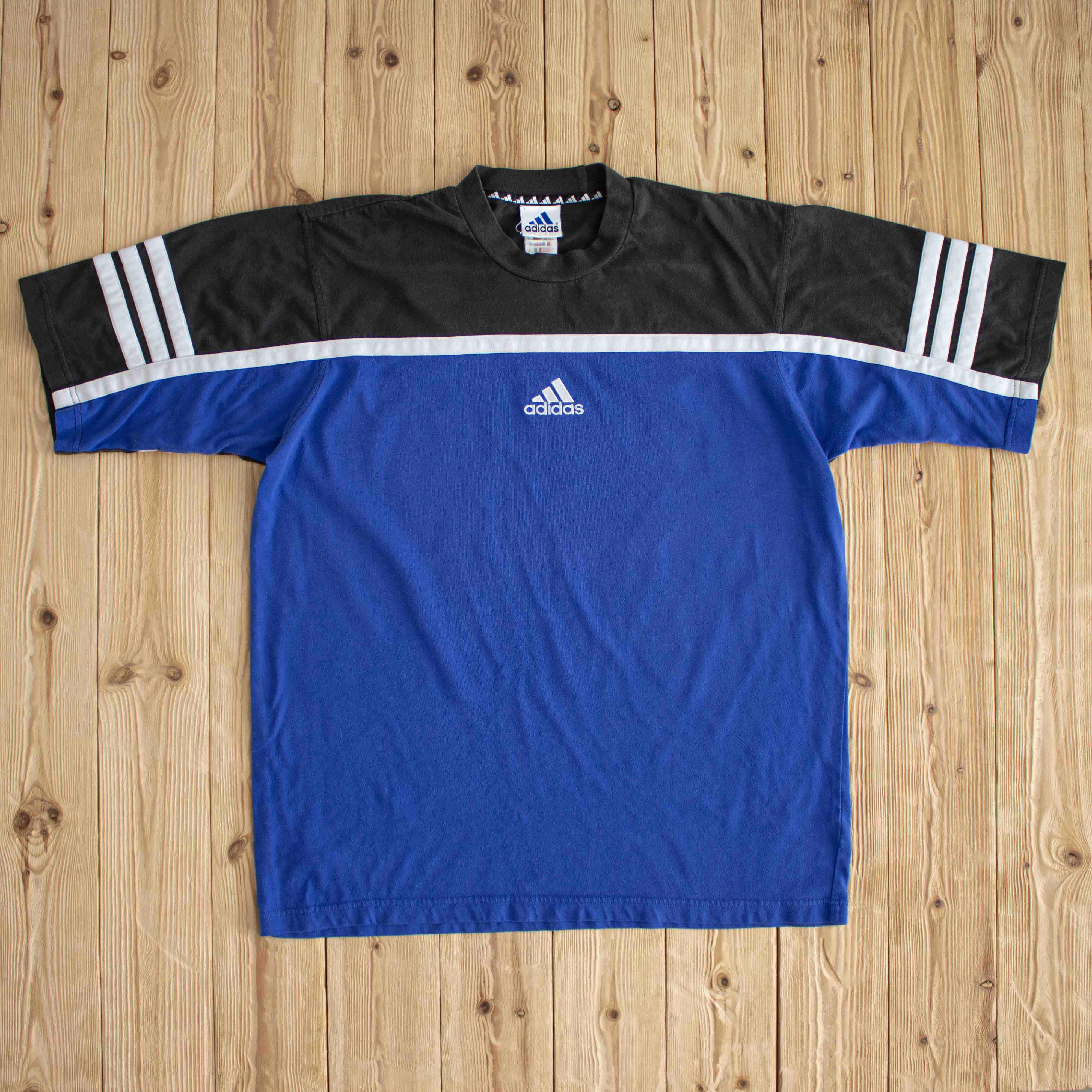 (L/XL) Adidas Center Logo Vintage Embroidered T-Shirt Blue