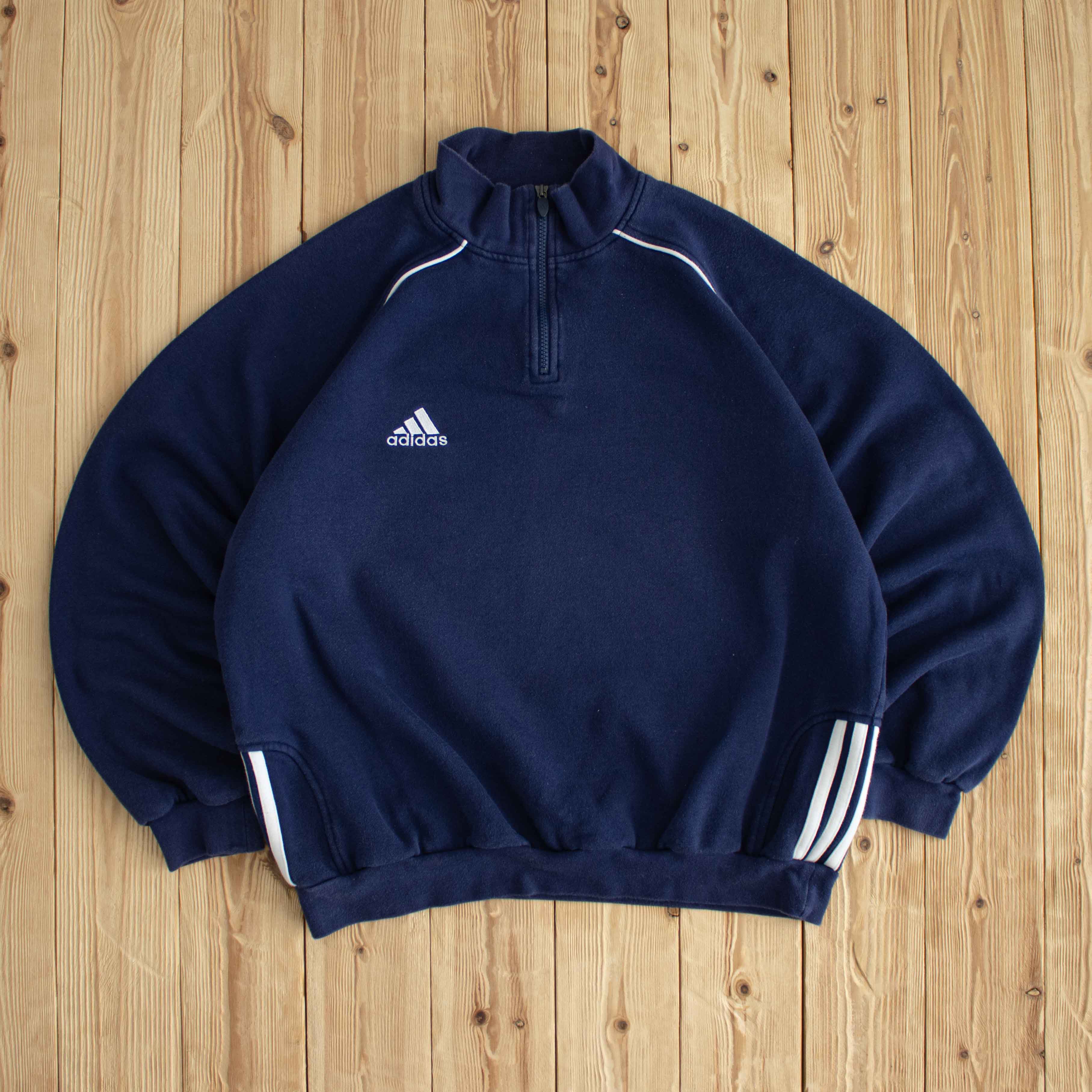 (L) Adidas Vintage Essential Embroidered Quarter-Zip Blue