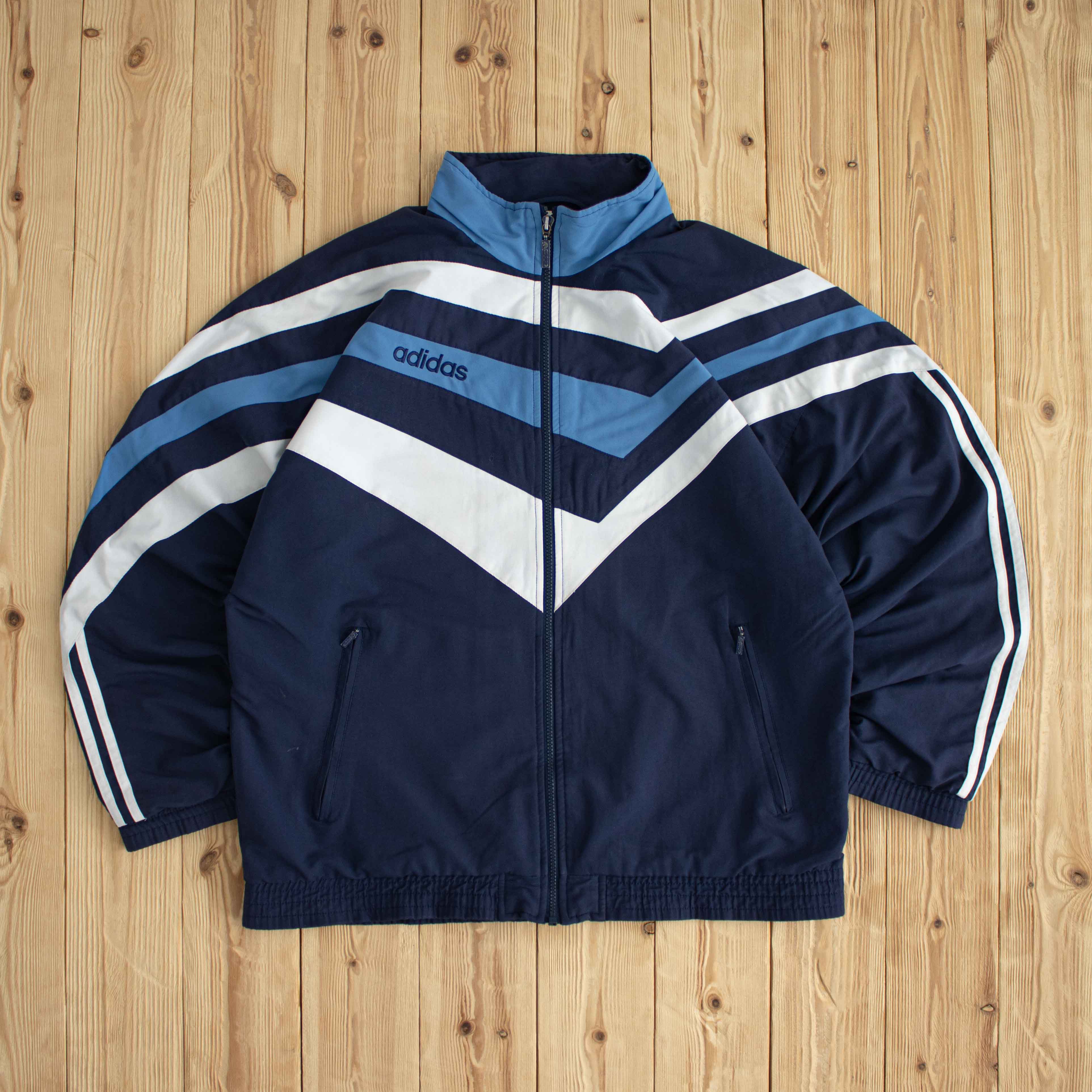 (L) Adidas Vintage Striped Embroidered Jacket Blue