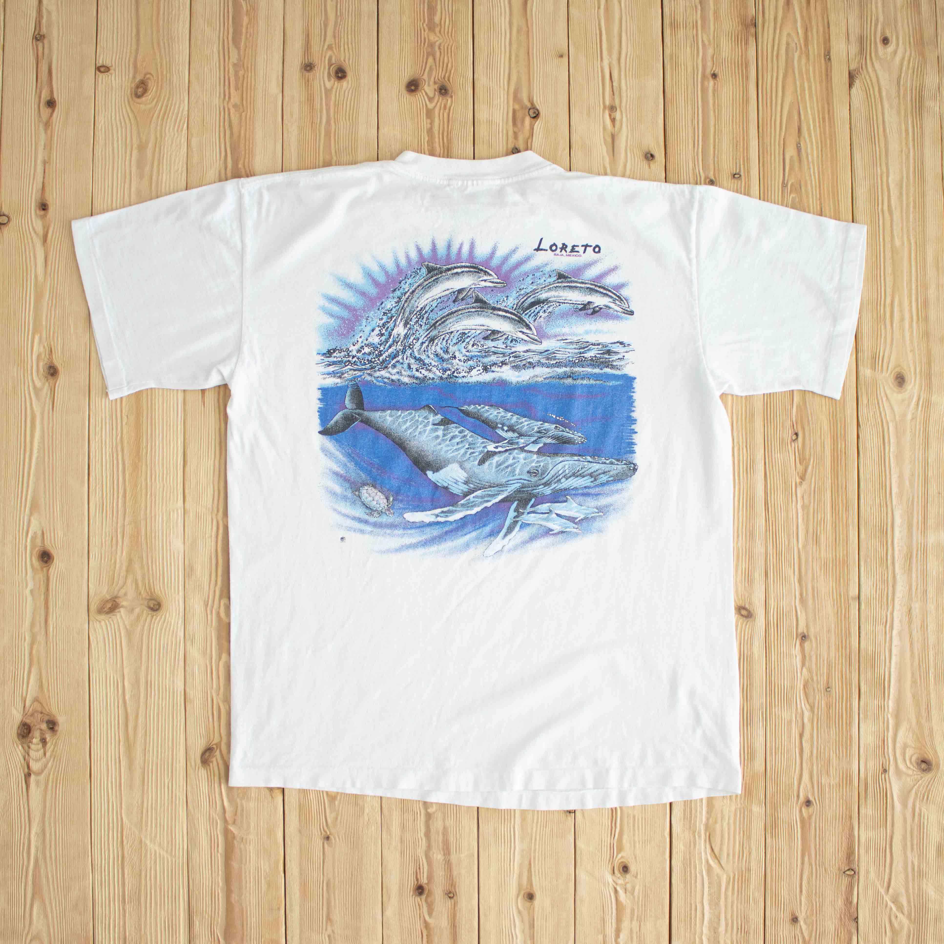 (L/XL) Loreto Mexico Dolphins Vintage Single Stitch T-Shirt White