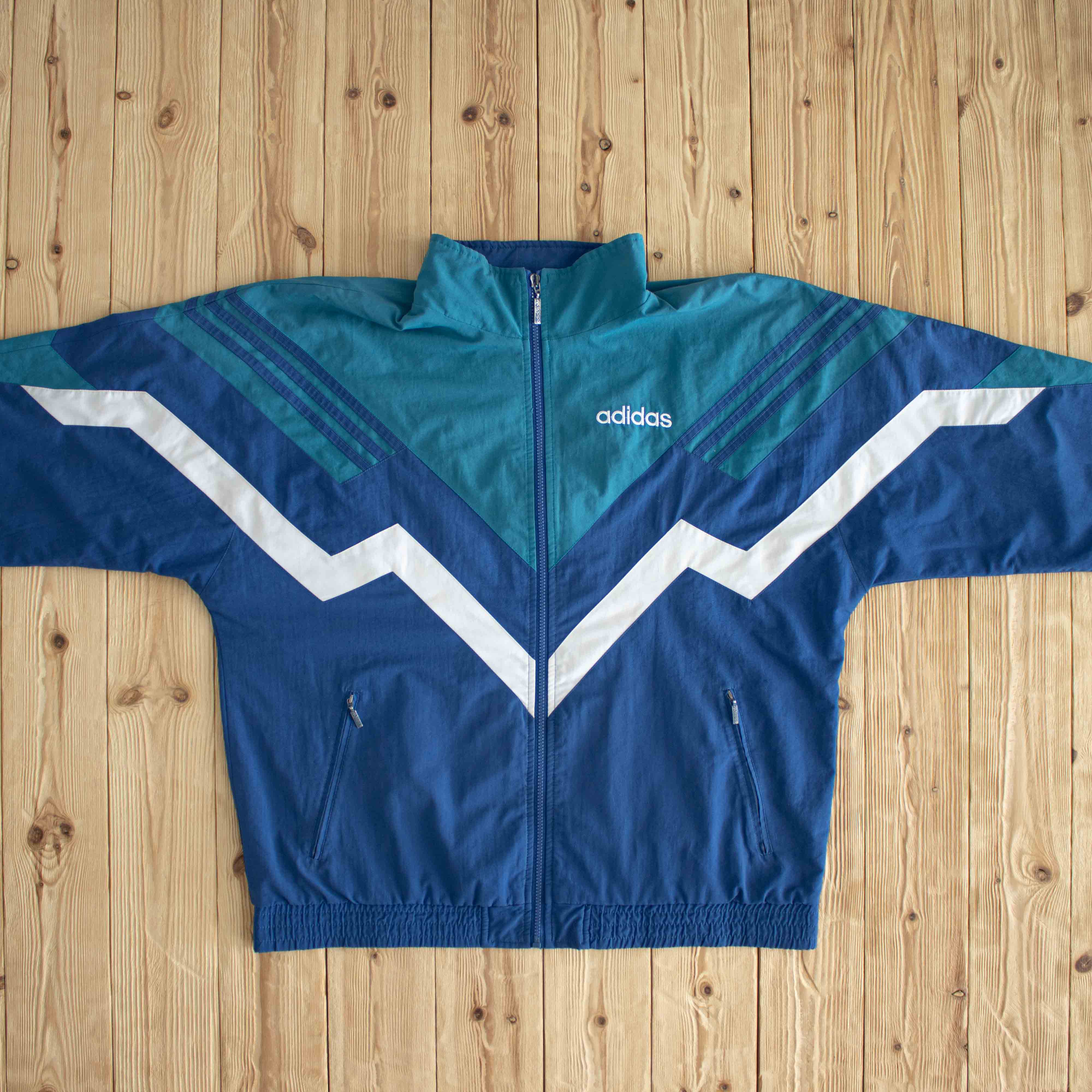 (L) Adidas Vintage Striped Embroidered Jacket Blue