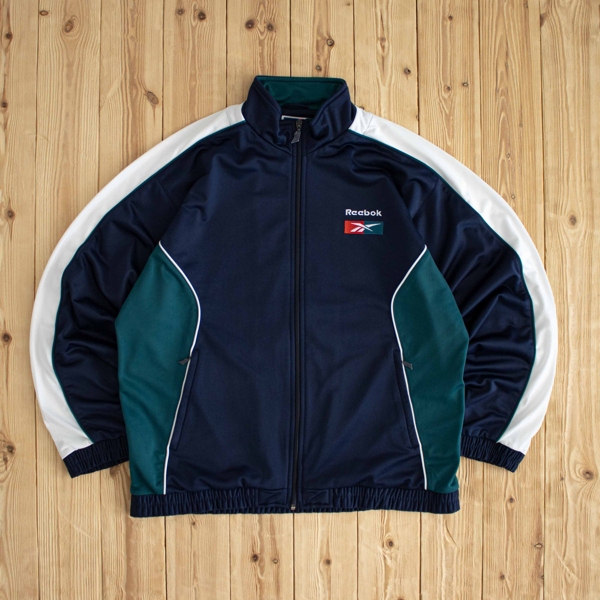 (L/XL) Reebok Vintage Embroidered Full-Zip Sweatshirt Blue