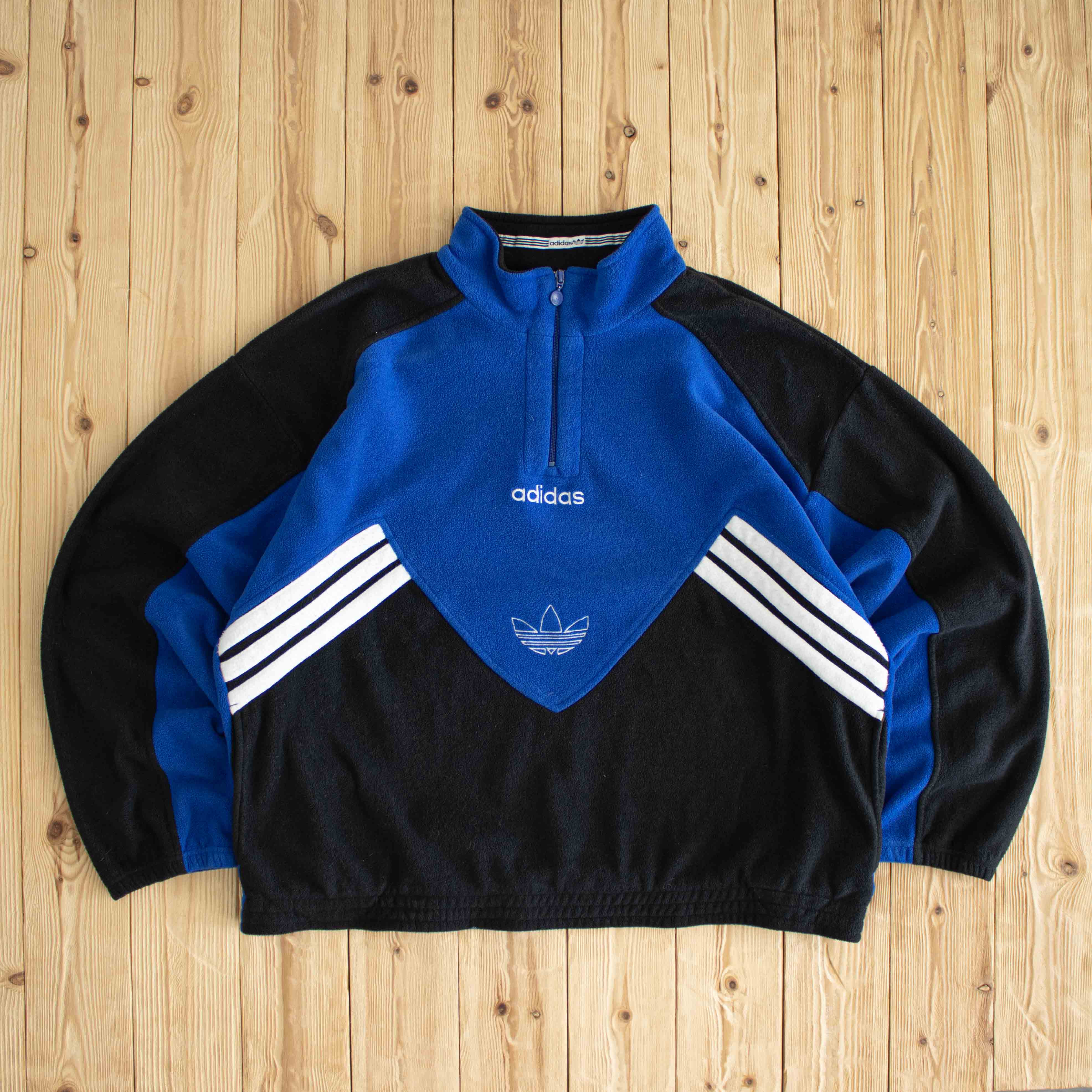 (XL) Adidas Vintage Embroidered Fleece Quarter-Zip Black Blue