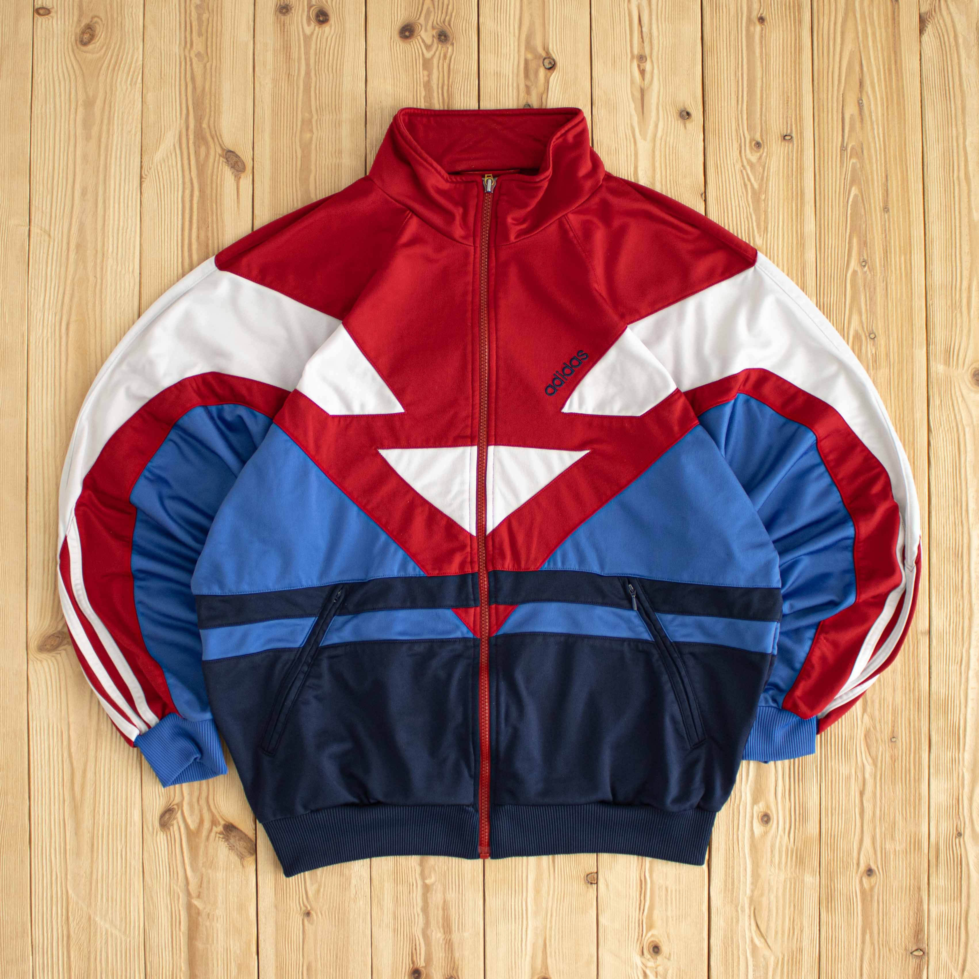 (L) Adidas Vintage Embroidered Full-Zip Sweatshirt Red