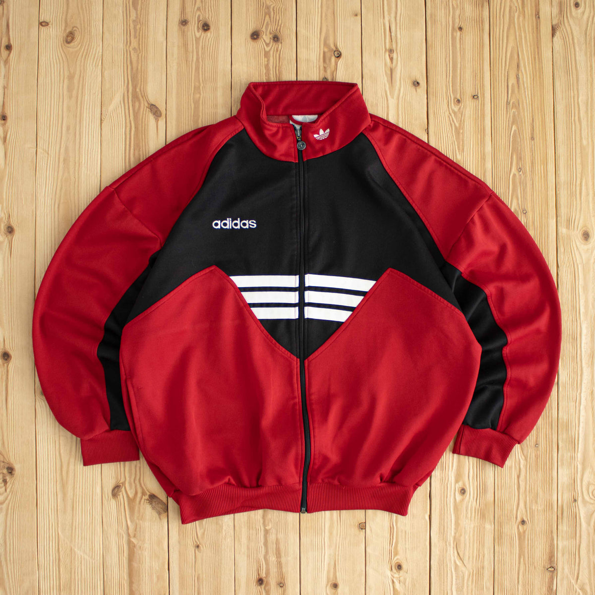 (L) Adidas Vintage Embroidered Full-Zip Sweatshirt Red Black