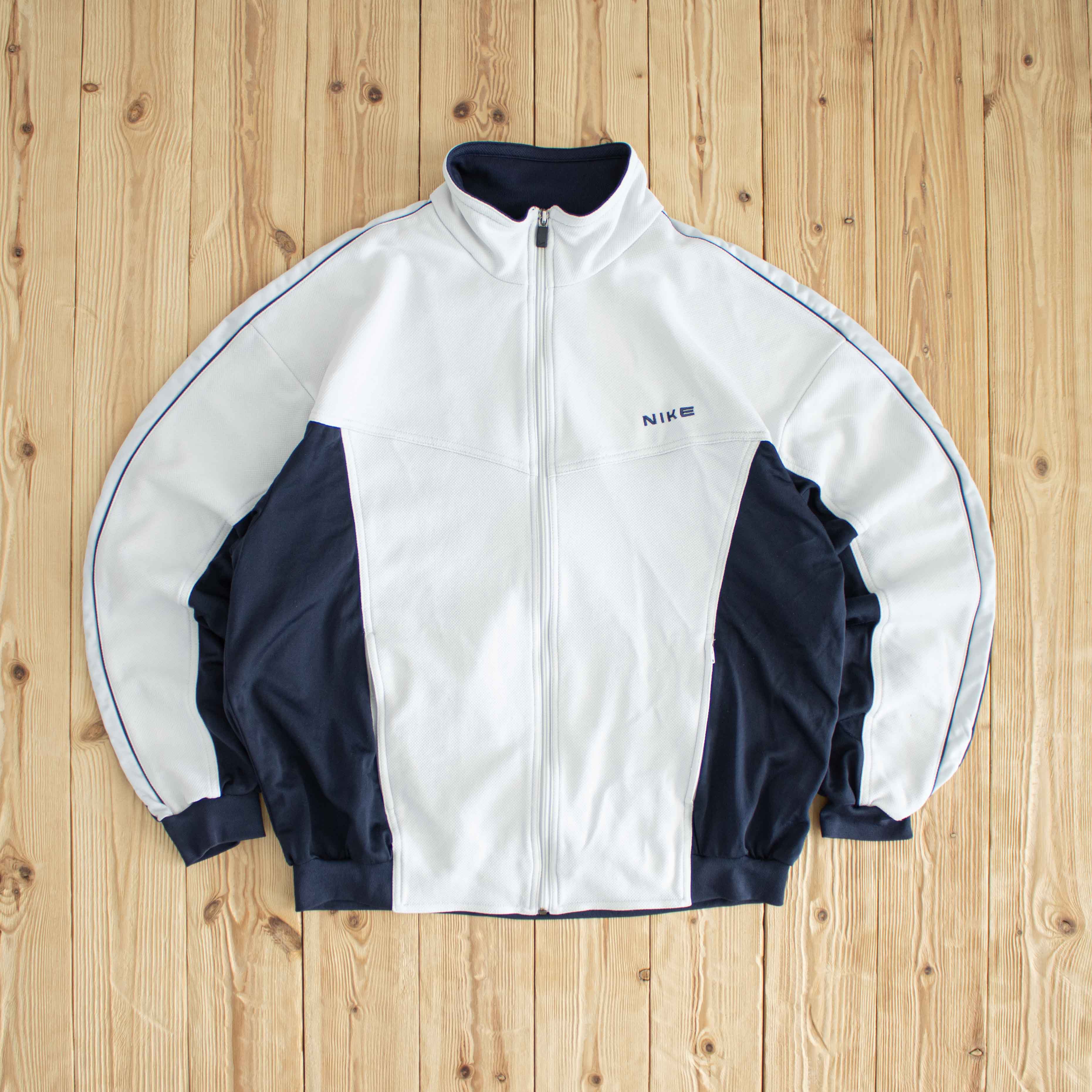 (L) Nike Back Swoosh Vintage Embroidered Full-Zip Sweatshirt White Blue
