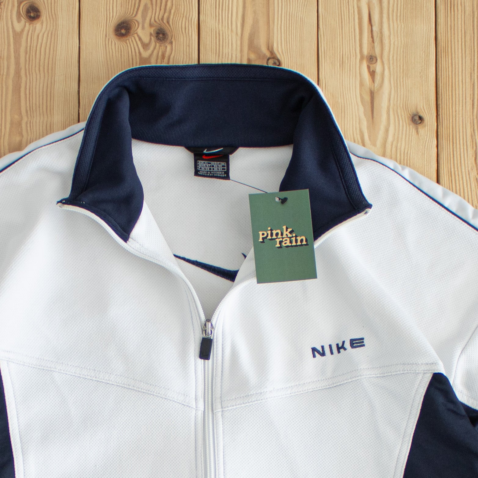 (L) Nike Back Swoosh Vintage Embroidered Full-Zip Sweatshirt White Blue