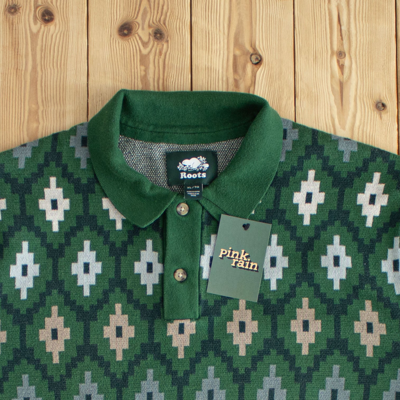 (L) Roots Knit Vintage Button Up Polo Shirt Green