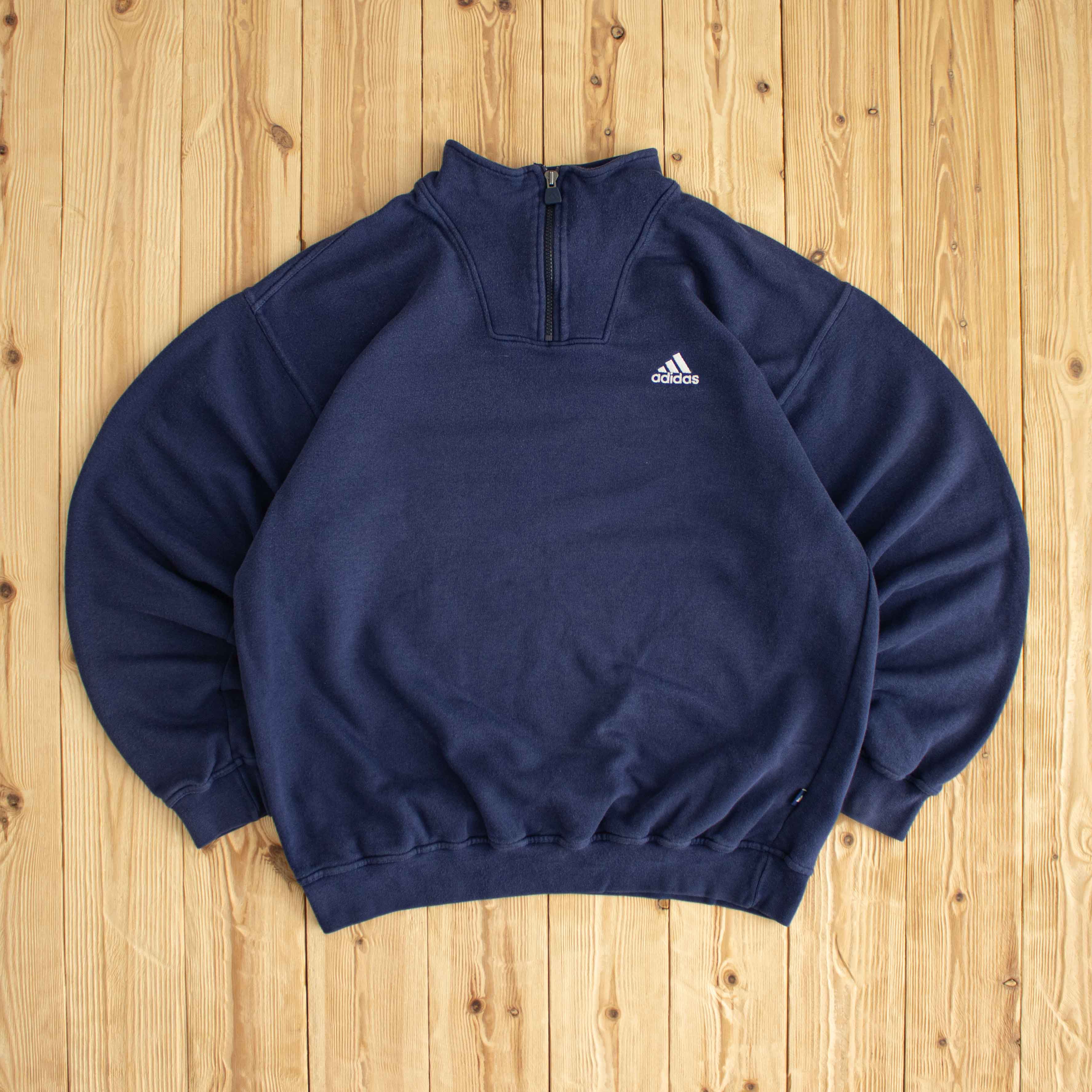 (L) Adidas Vintage Embroidered Quarter-Zip Blue