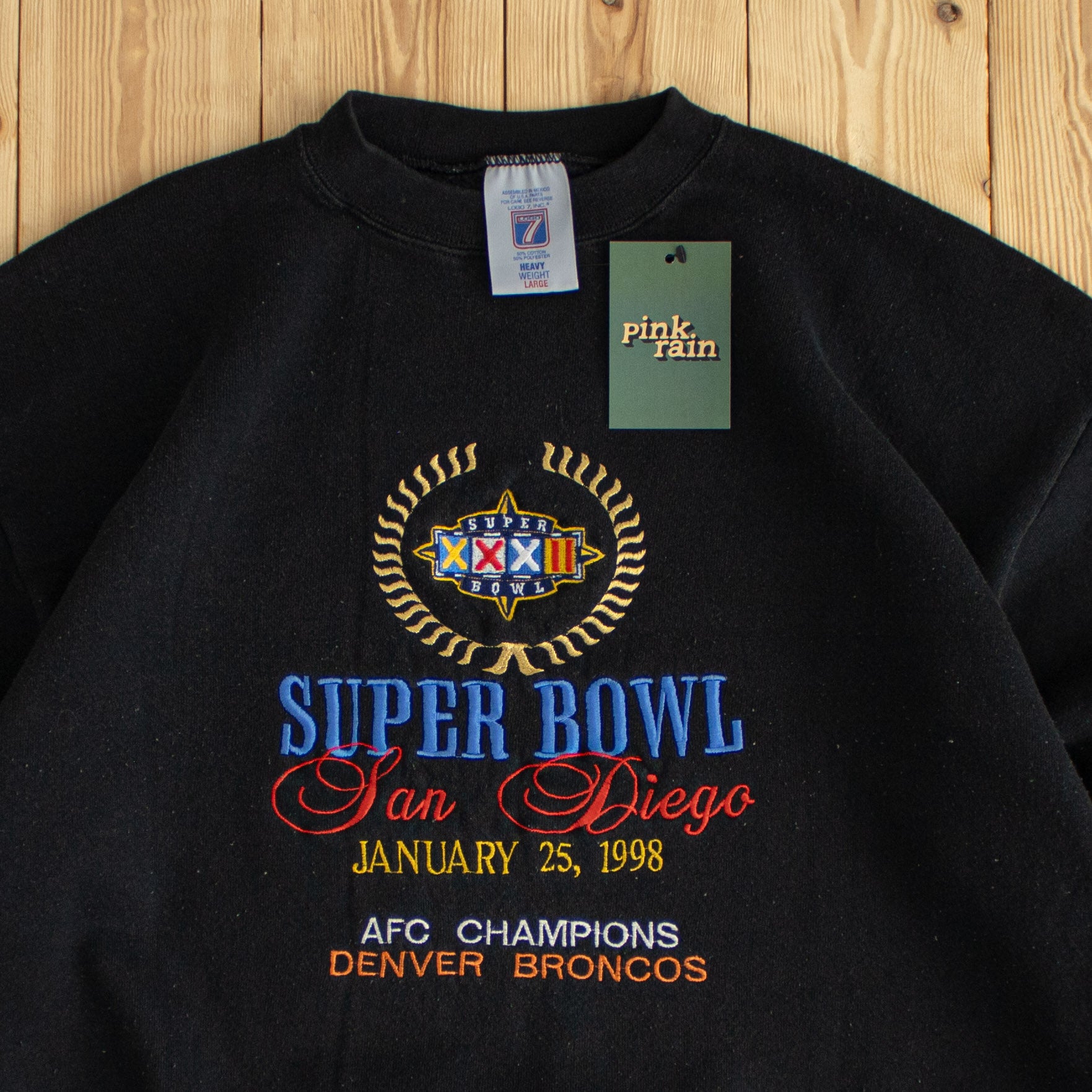 (M) 1998 Logo 7 Super Bowl Sand Diego Vintage Embroidered Sweatshirt Black