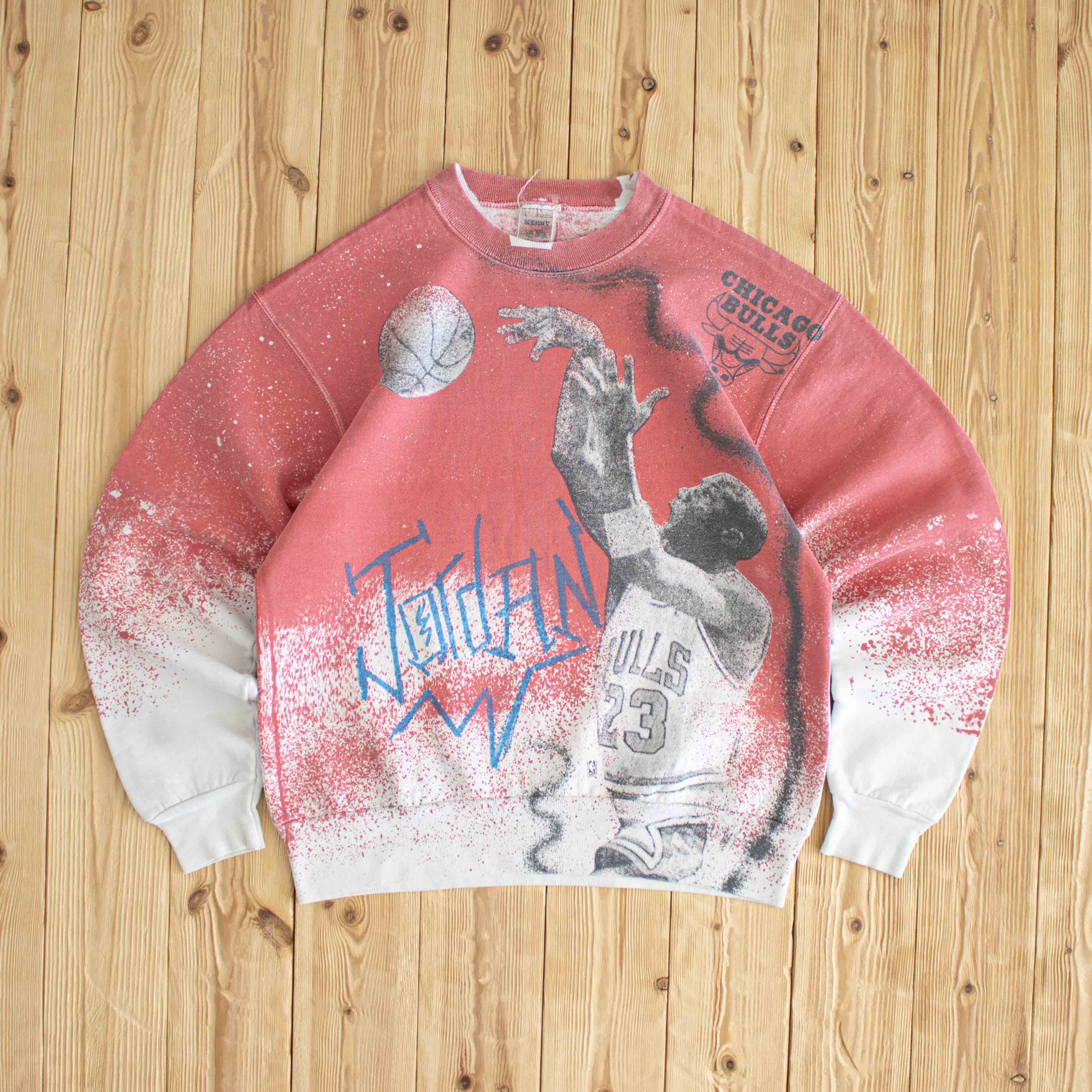 (M) Michael Jordan Chicago Bulls Vintage All Over Print Sweatshirt Pink White