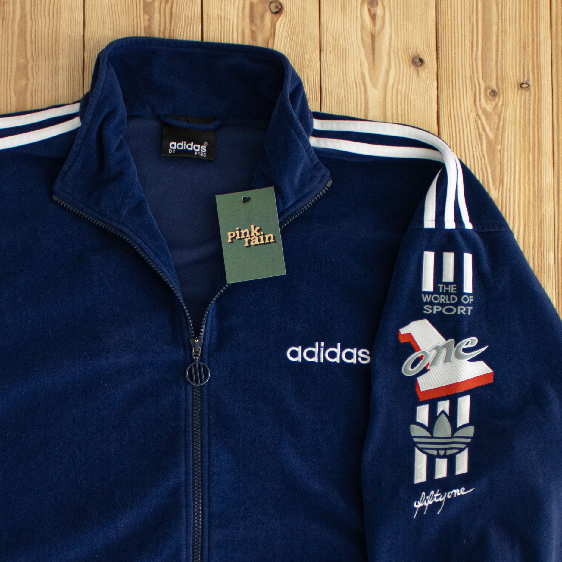(L) Adidas 'The World of Sport' Vintage Embroidered Full-Zip Sweatshirt Blue