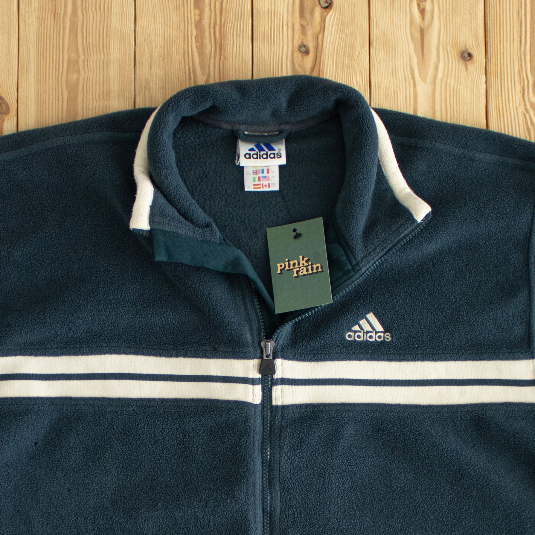 (L/XL) Adidas Vintage Embroidered Full-Zip Fleece Sweatshirt Blue