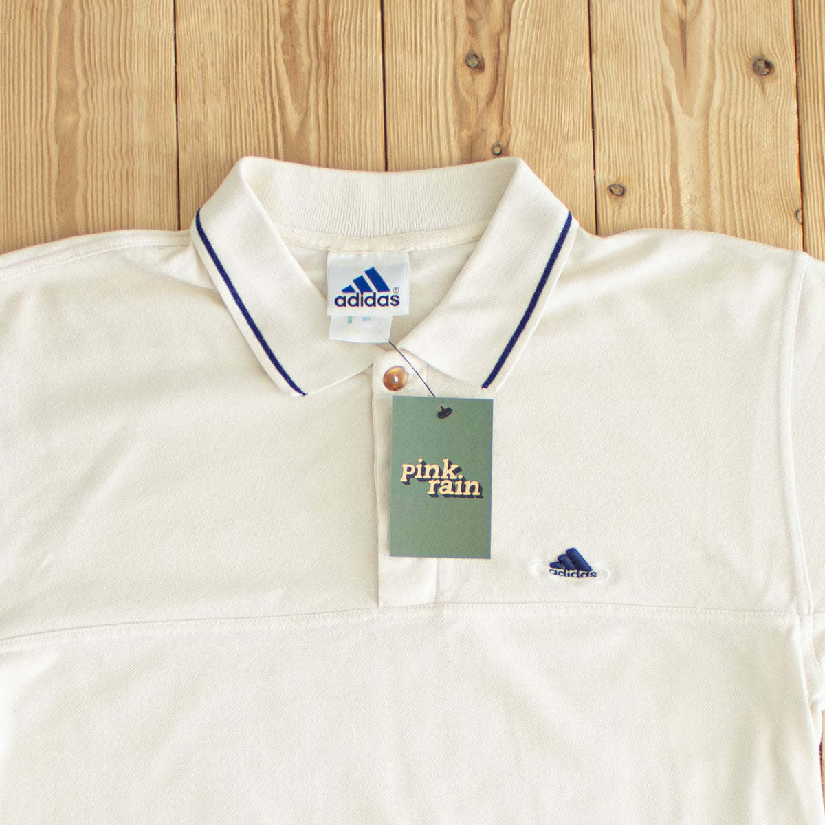 (M) Adidas Vintage Embroidered Button Up Polo T-Shirt Beige