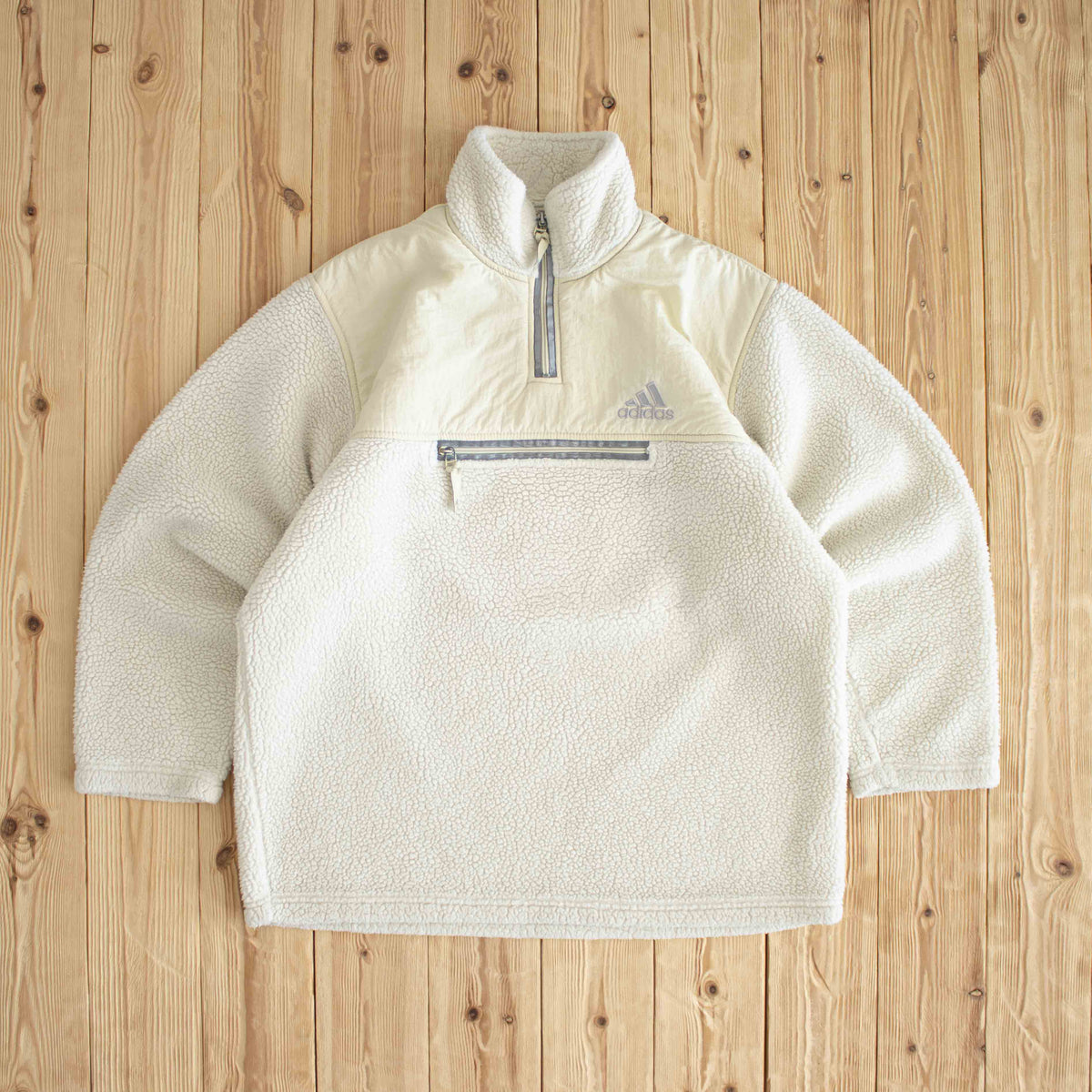 (M) Adidas Kangaroo Pocket Vintage Embroidered Fleece Quarter-Zip Beige