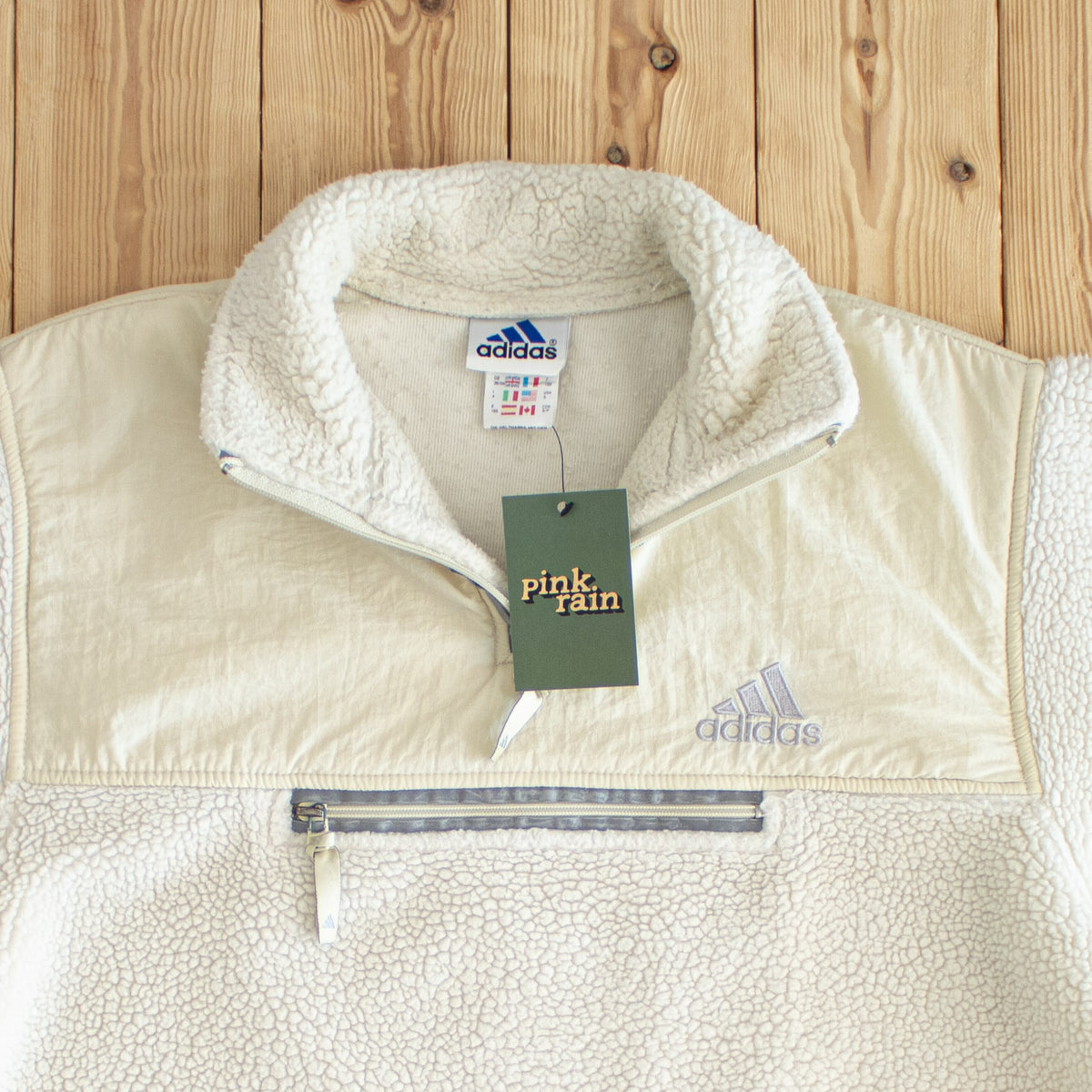 (M) Adidas Kangaroo Pocket Vintage Embroidered Fleece Quarter-Zip Beige