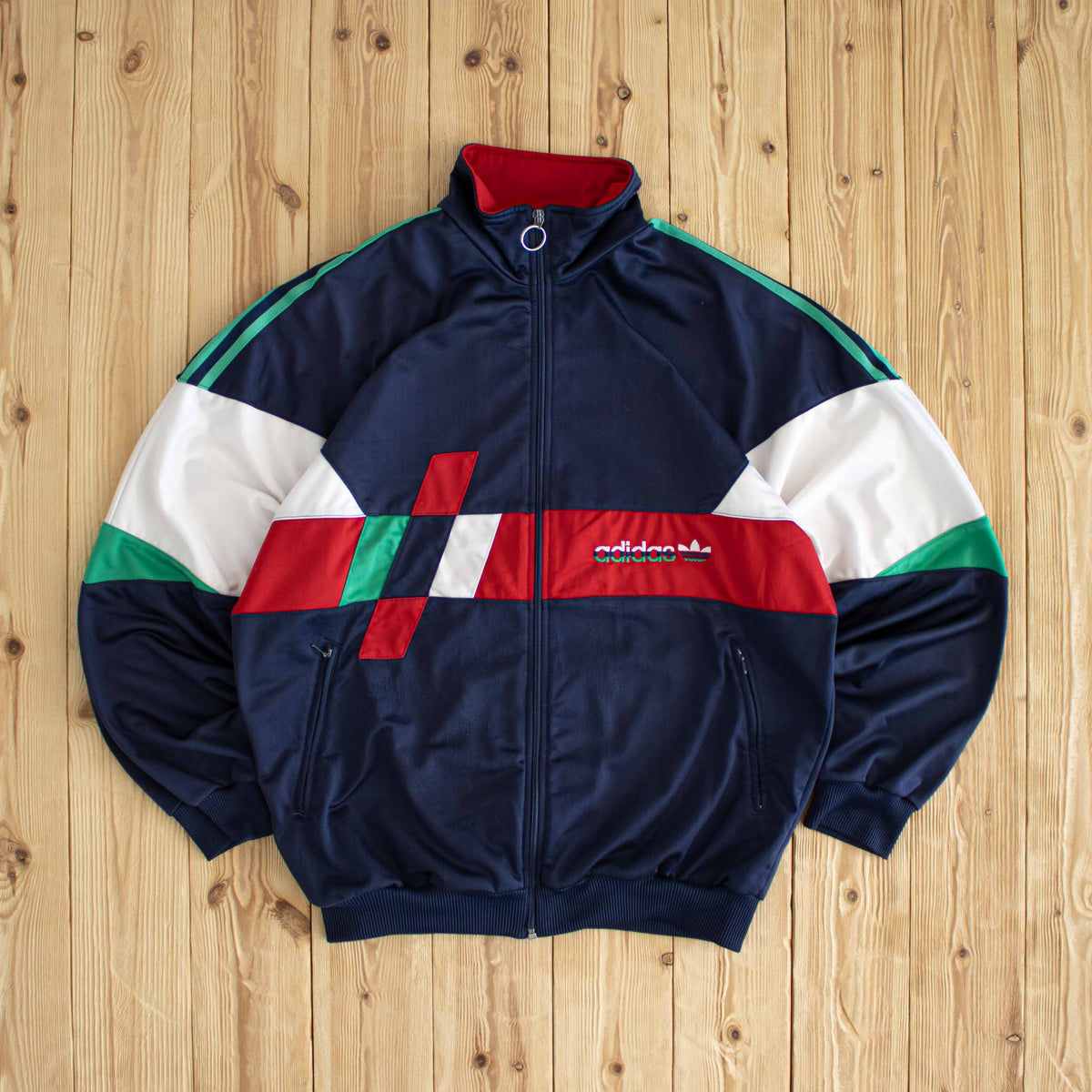 (L) Adidas Vintage Embroidered Full-Zip Sweatshirt Blue