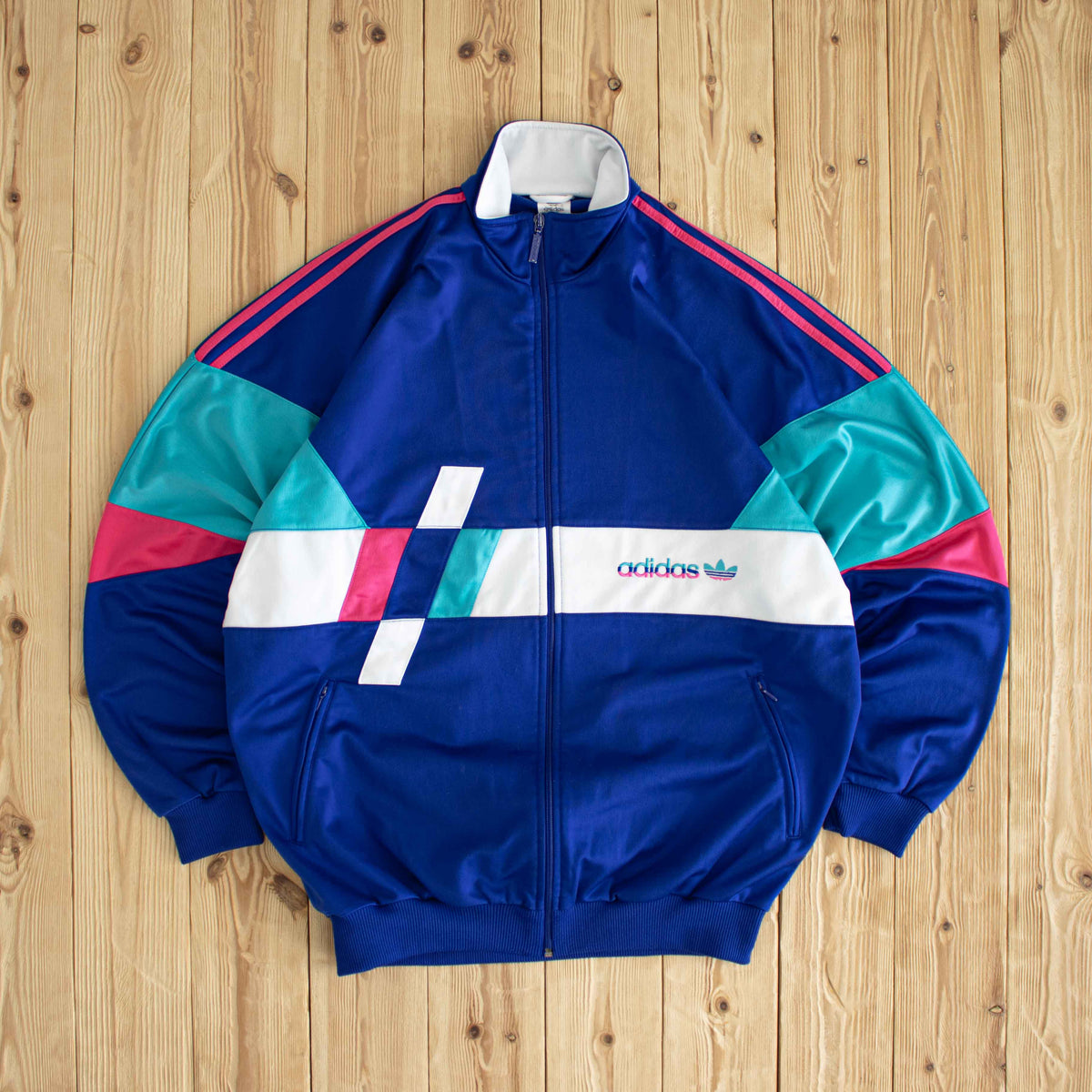 (L/XL) Adidas Vintage Embroidered Full-Zip Sweatshirt Blue