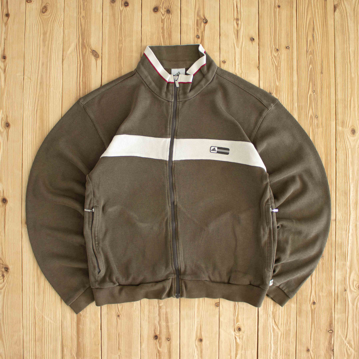 (L/XL) Adidas Vintage Embroidered Full-Zip Sweatshirt Brown
