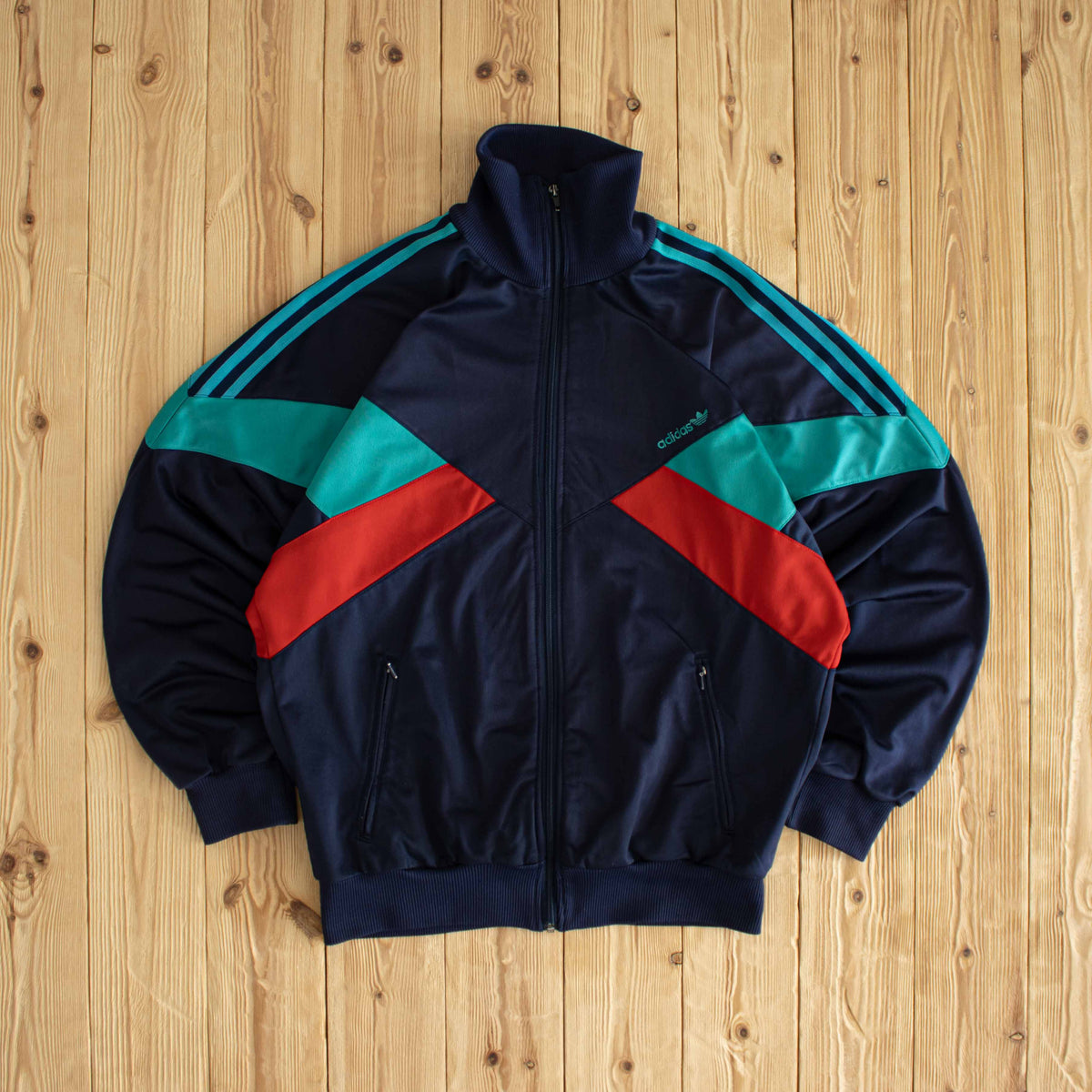 (M/L) Adidas Vintage Embroidered Full-Zip Sweatshirt Blue