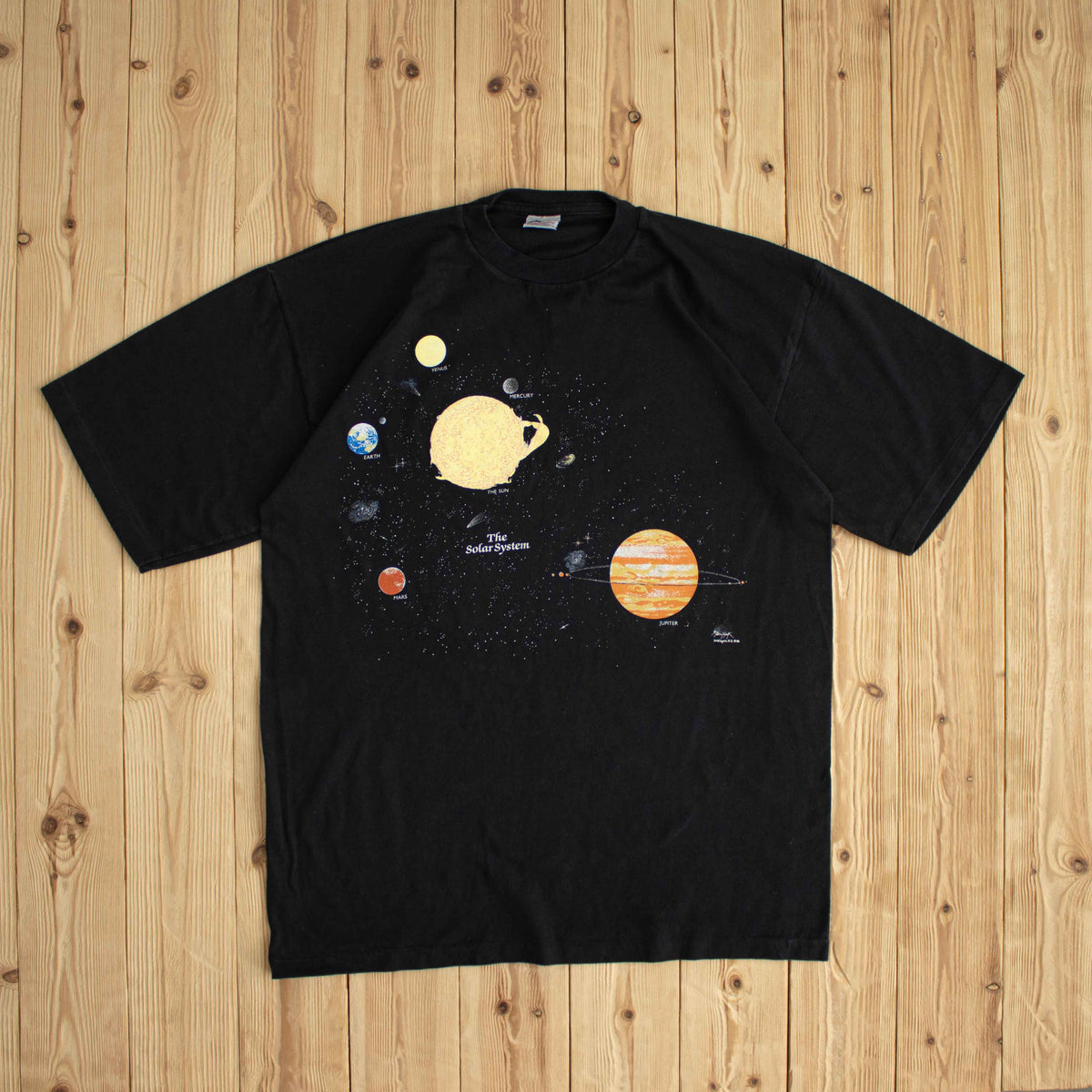 (L/XL) 1986 Harlequin 'The Solar System' Double Sided Vintage Single Stitch T-Shirt Black