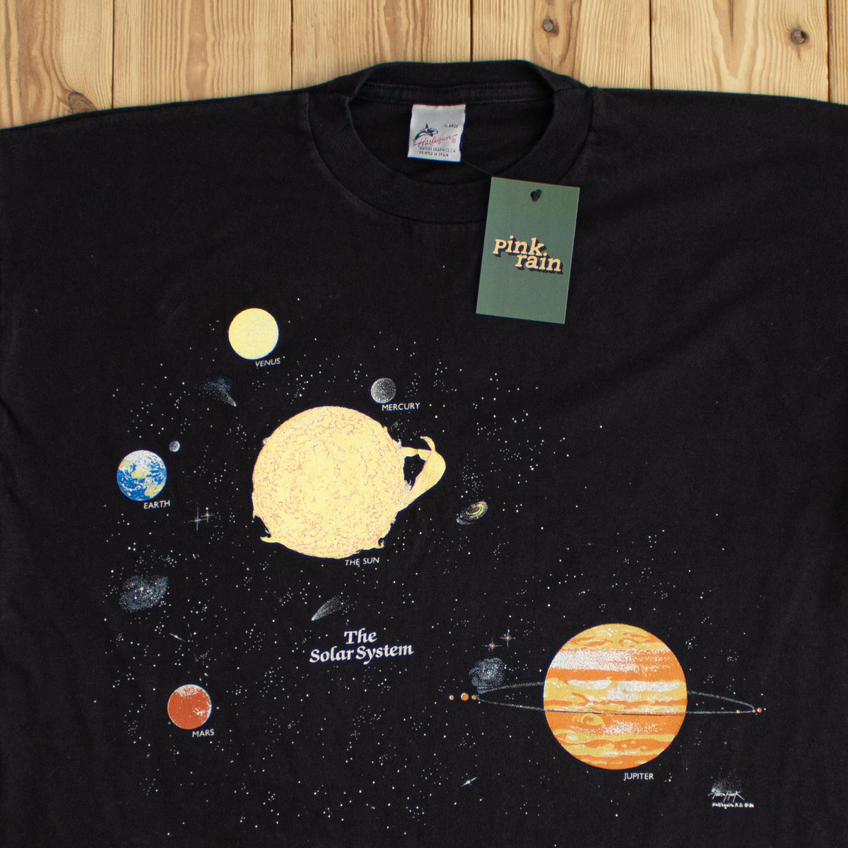 (L/XL) 1986 Harlequin 'The Solar System' Double Sided Vintage Single Stitch T-Shirt Black