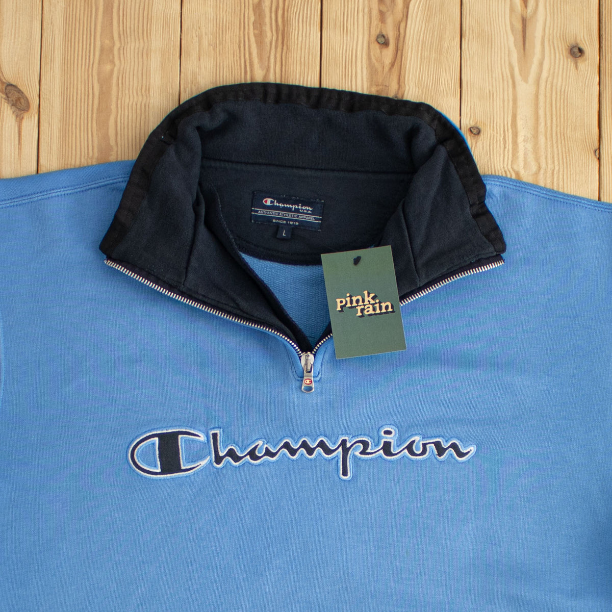 (L) Champion Vintage Embroidered Quarter-Zip Blue
