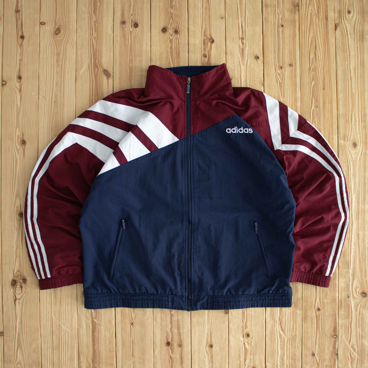 (L/XL) Adidas Striped Vintage Embroidered Jacket Burgundy Red