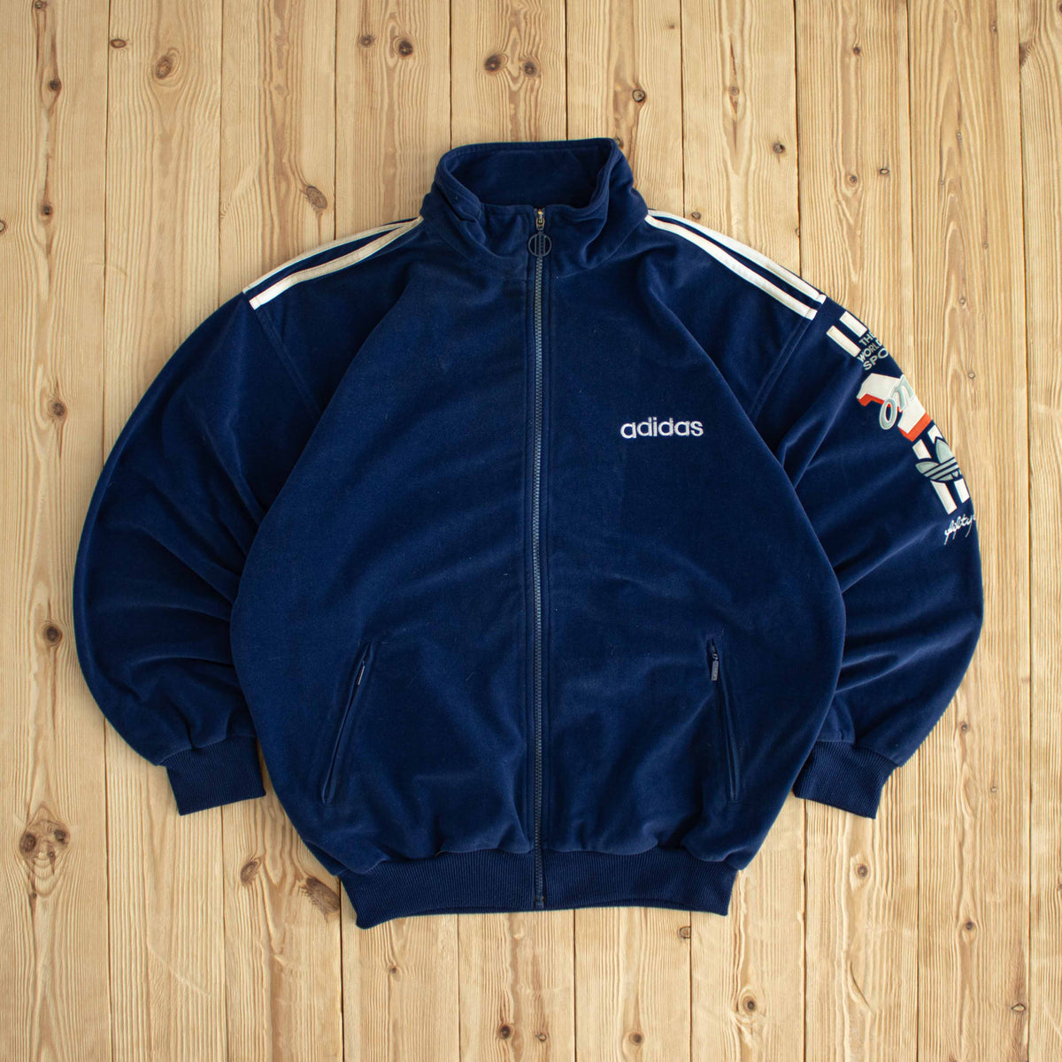 (L) Adidas 'The World of Sport' Vintage Embroidered Full-Zip Sweatshirt Blue
