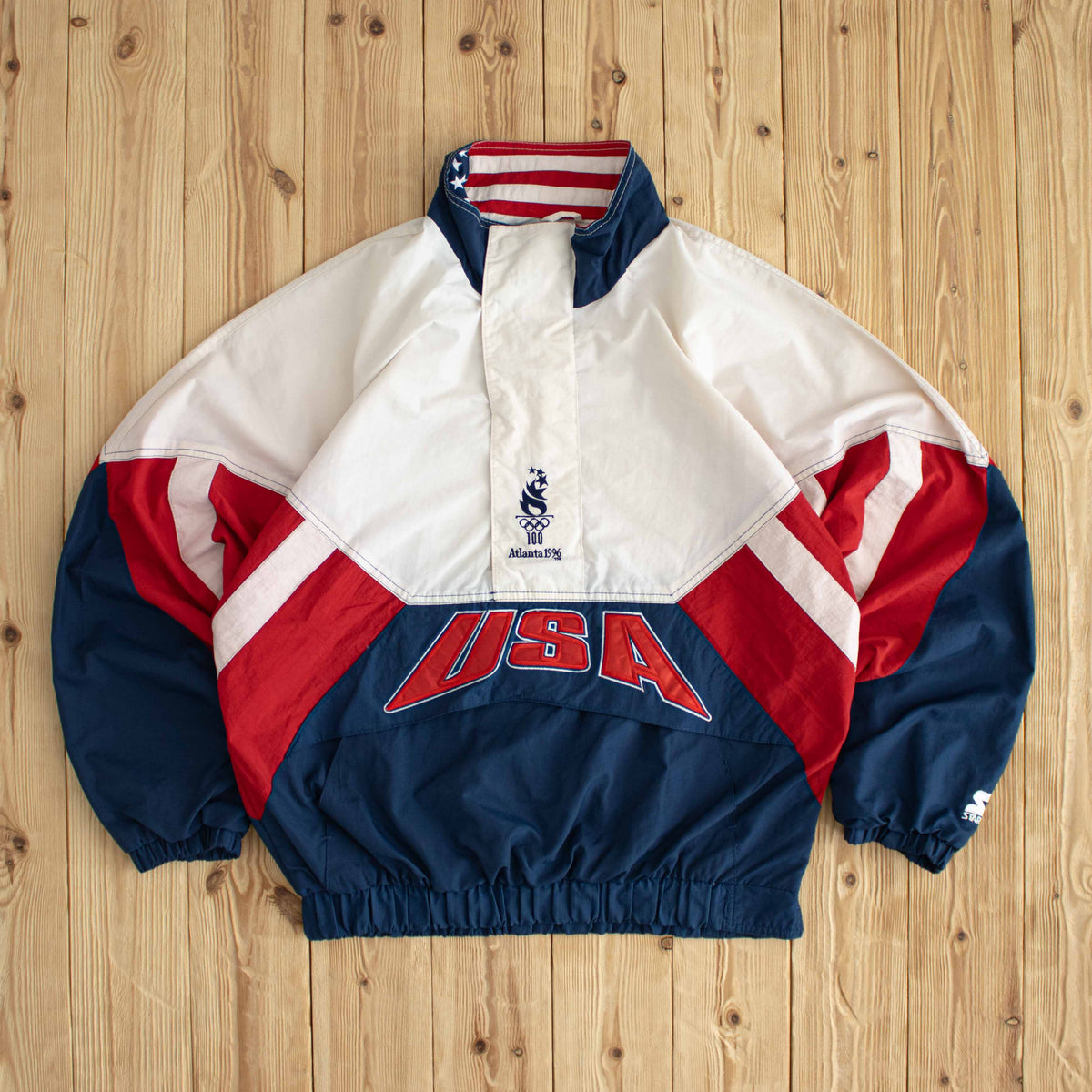 (M/L) Starter 1996 Atlanta Olympics USA Team Vintage Embroidered Jacket White Red Blue