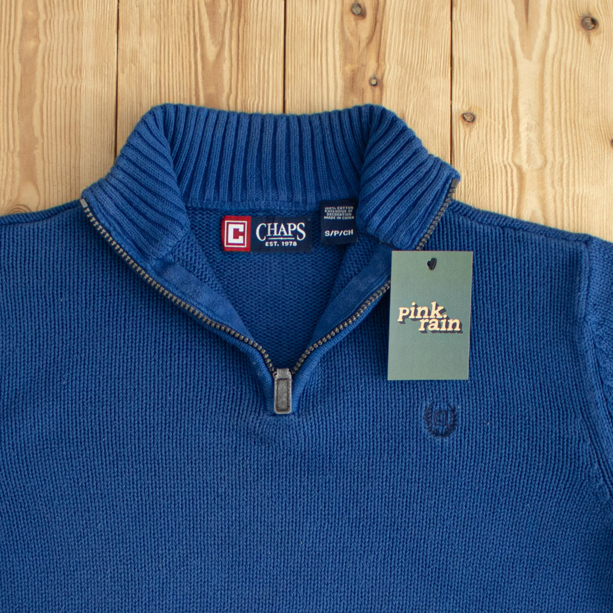 (S) Chaps Ralph Lauren Vintage Embroidered Quarter-Zip Blue