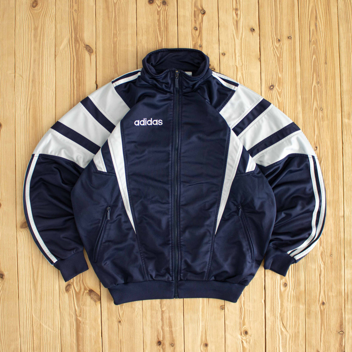 (M) Adidas Vintage Shoulder Striped Embroidered Full-Zip Sweatshirt Blue