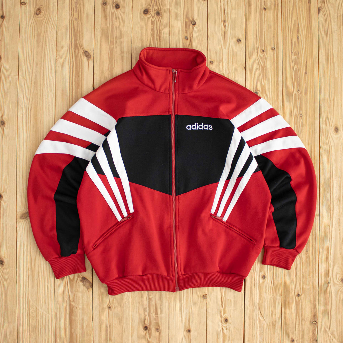 (M) Adidas Side Striped Vintage Embroidered Full-Zip Sweatshirt Red