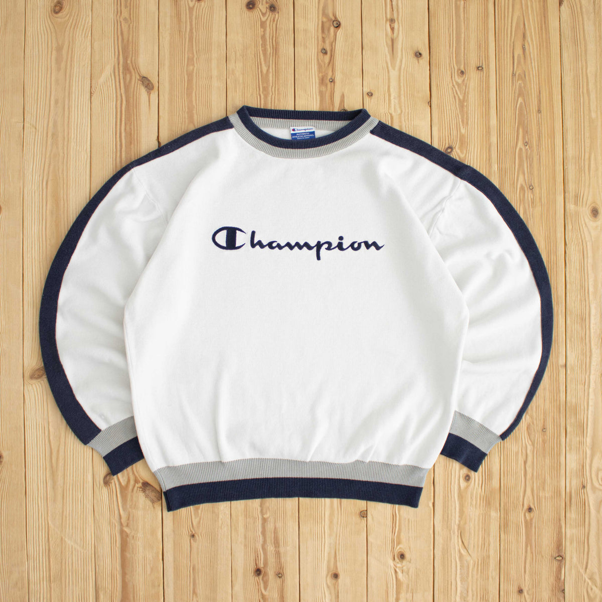 (M) Champion Spell Out Vintage Embroidered Sweater White