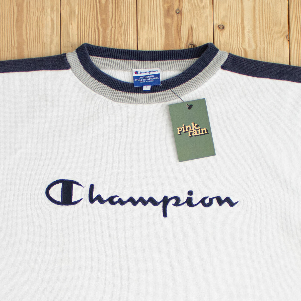(M) Champion Spell Out Vintage Embroidered Sweater White