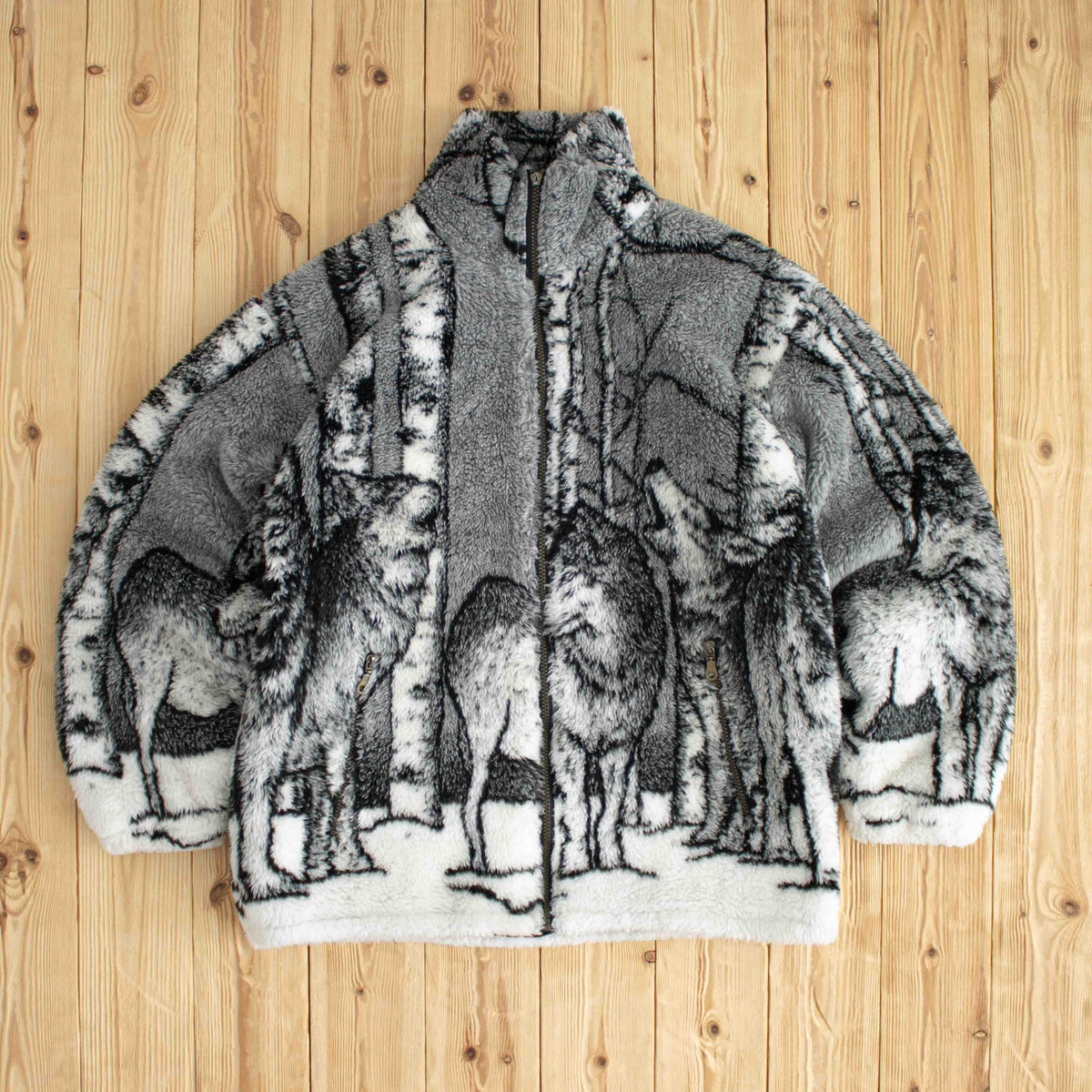 (M/L) Wolves Patterned Vintage Full-Zip Fleece Jacket Black White Gray