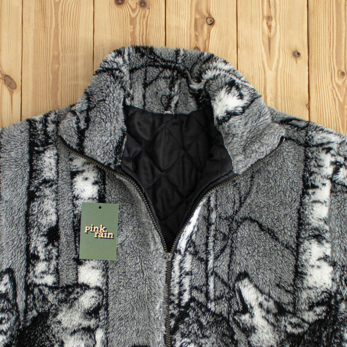 (M/L) Wolves Patterned Vintage Full-Zip Fleece Jacket Black White Gray