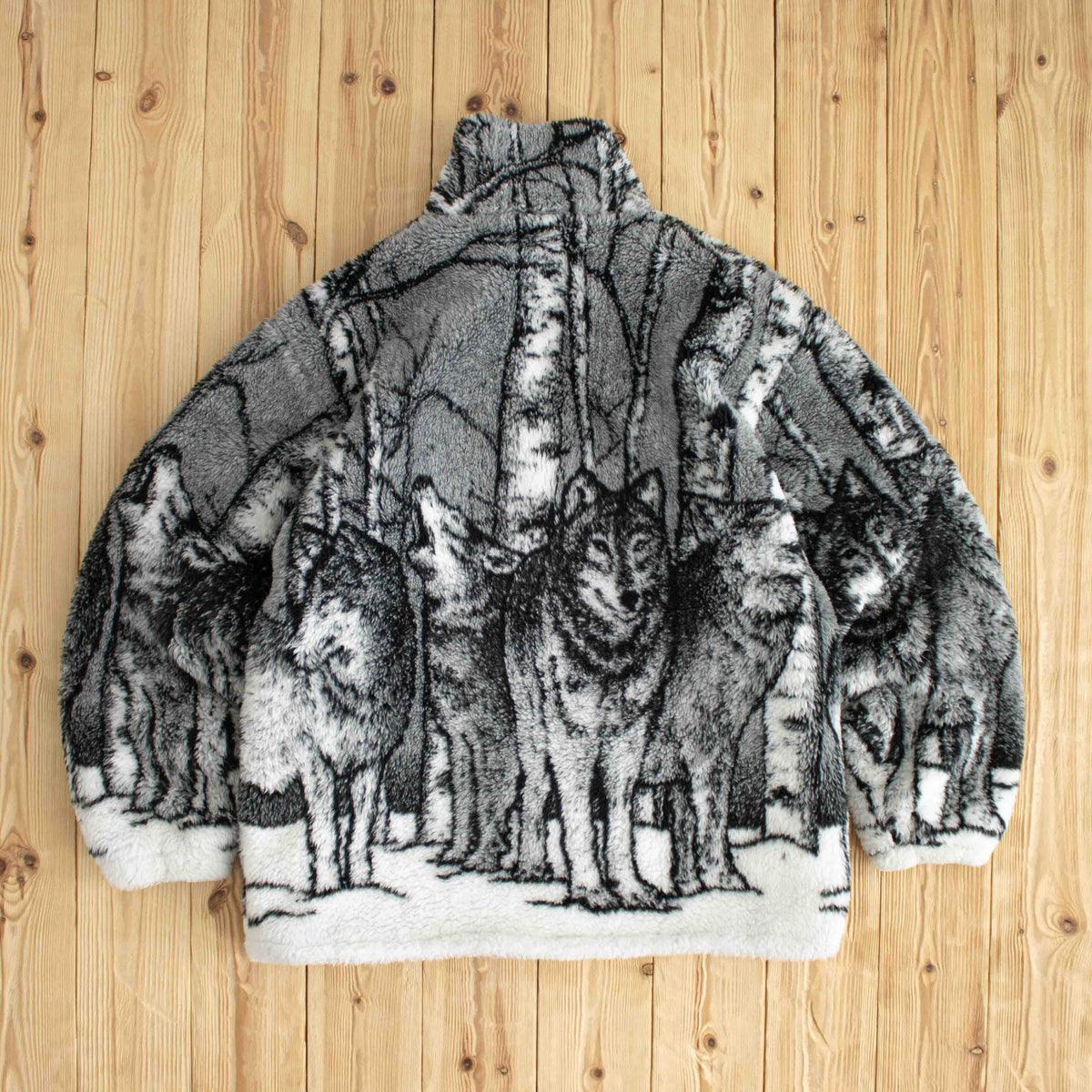 (M/L) Wolves Patterned Vintage Full-Zip Fleece Jacket Black White Gray