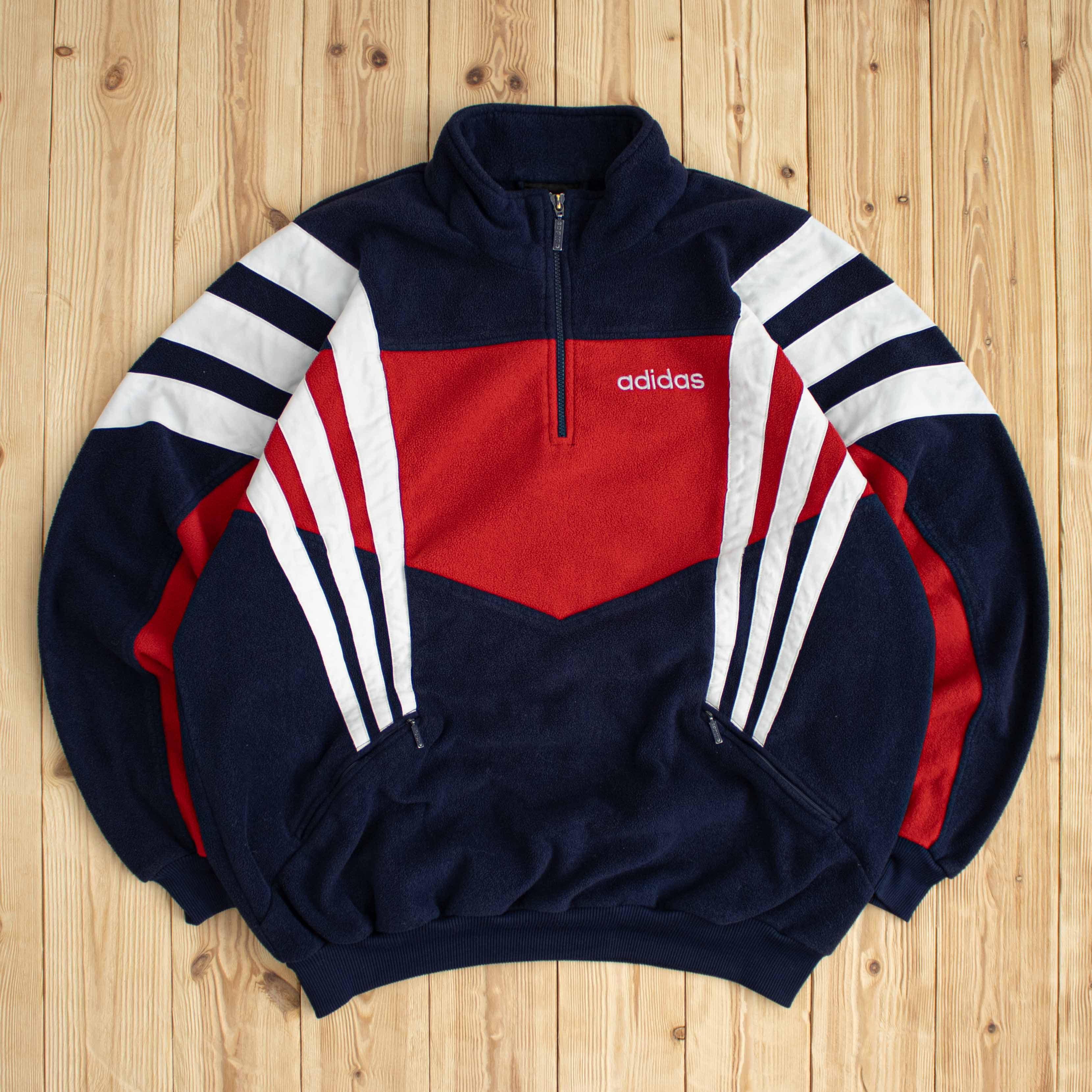 (L/XL) Vintage Adidas Embroidered Fleece Quarter-Zip Sweatshirt