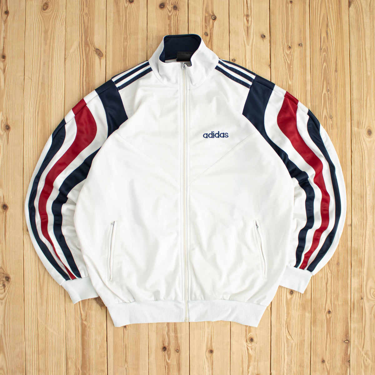 (L) Adidas Side Striped Vintage Embroidered Full-Zip Sweatshirt White
