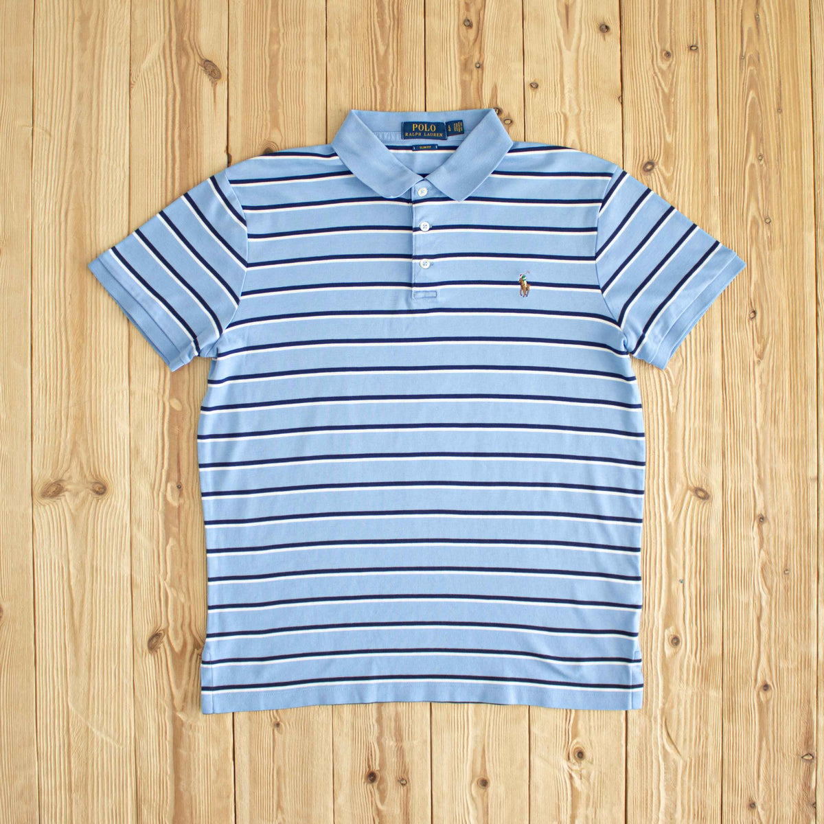 (M) Polo Ralph Lauren Vintage Embroidered Striped Polo T-Shirt Blue