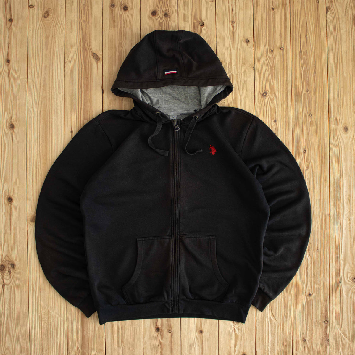 (M/L) U.S Polo Assn. Vintage Embroidered Full-Zip Hoodie Black