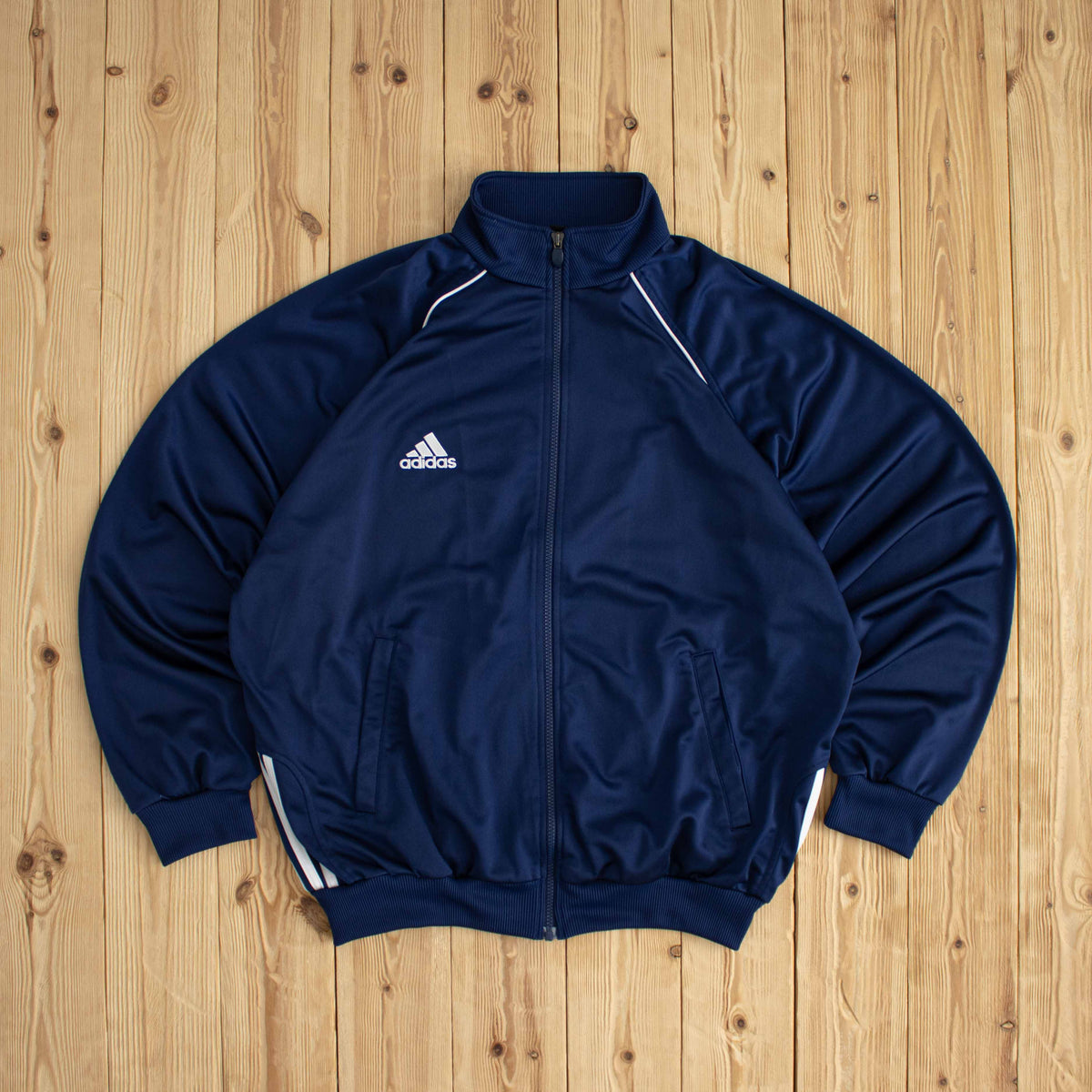 (L/XL) Adidas Vintage Essential Embroidered Track Jacket Full-Zip Sweatshirt Blue