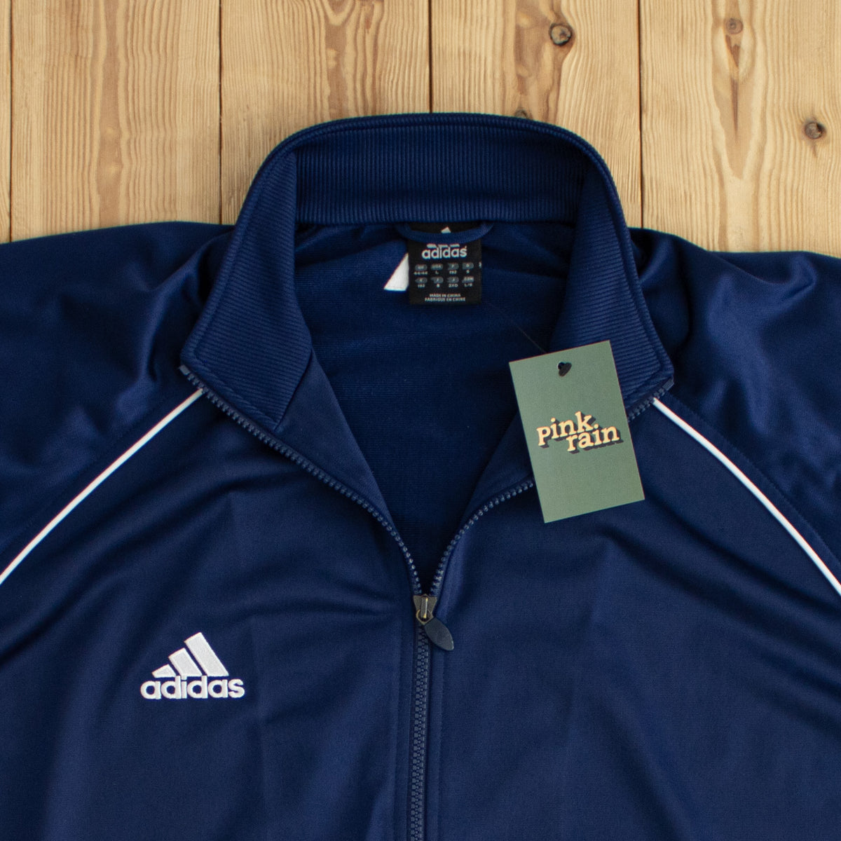 (L/XL) Adidas Vintage Essential Embroidered Track Jacket Full-Zip Sweatshirt Blue