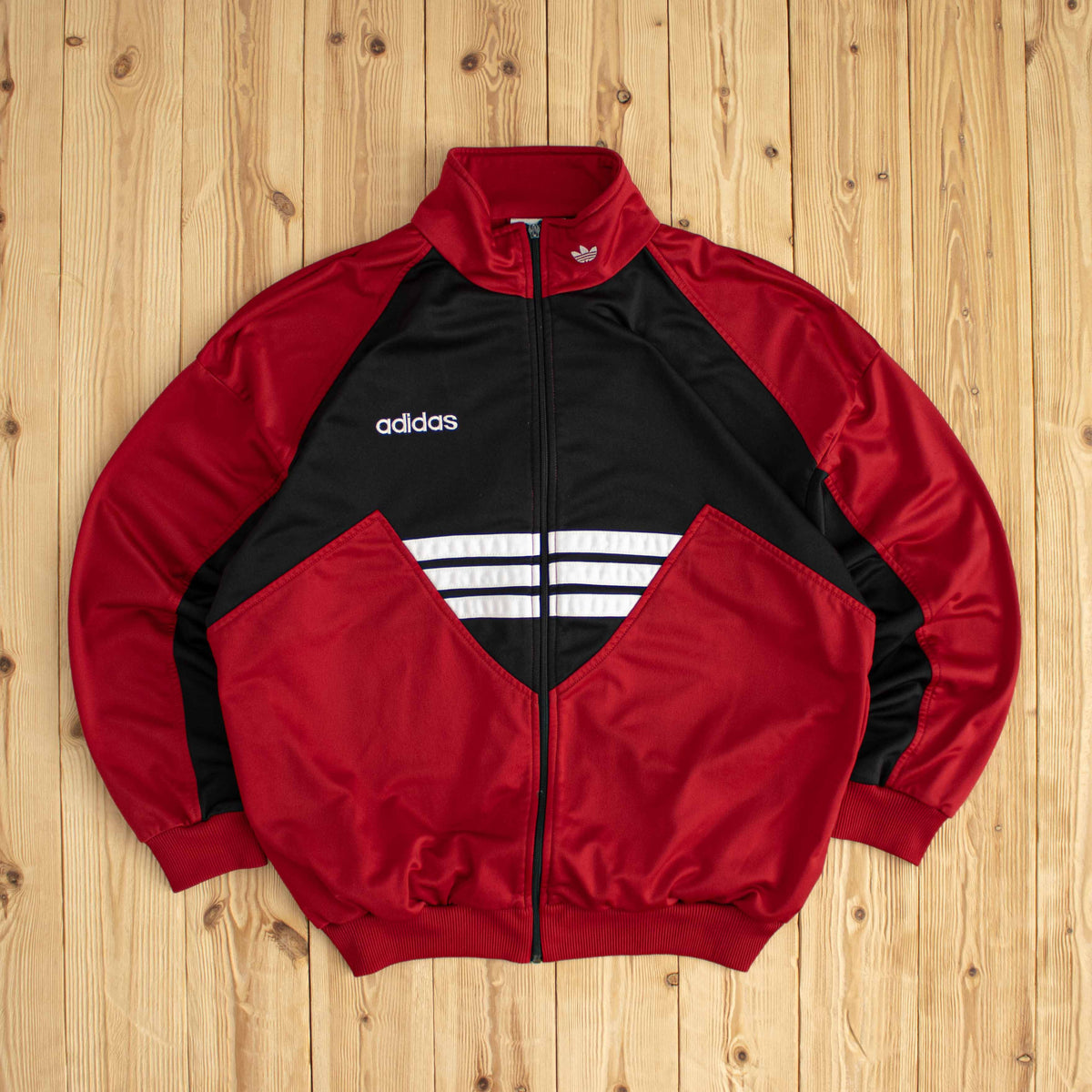 (L) Adidas Vintage Striped Embroidered Full-Zip Sweatshirt Red