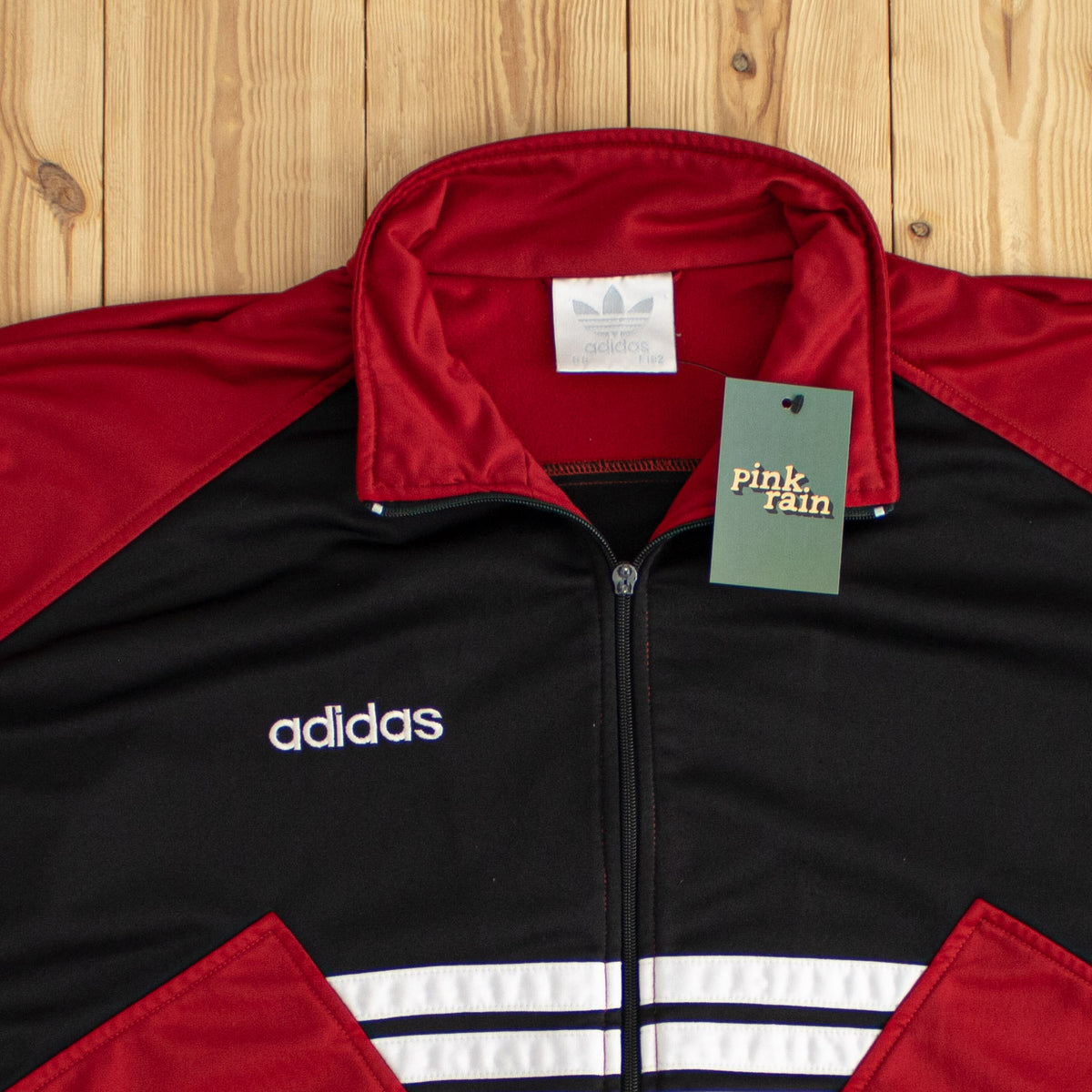 (L) Adidas Vintage Striped Embroidered Full-Zip Sweatshirt Red