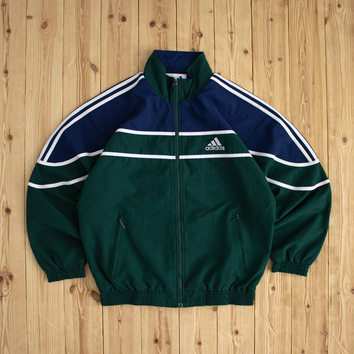 (M) Adidas Back Logo Vintage Embroidered Jacket Green Blue